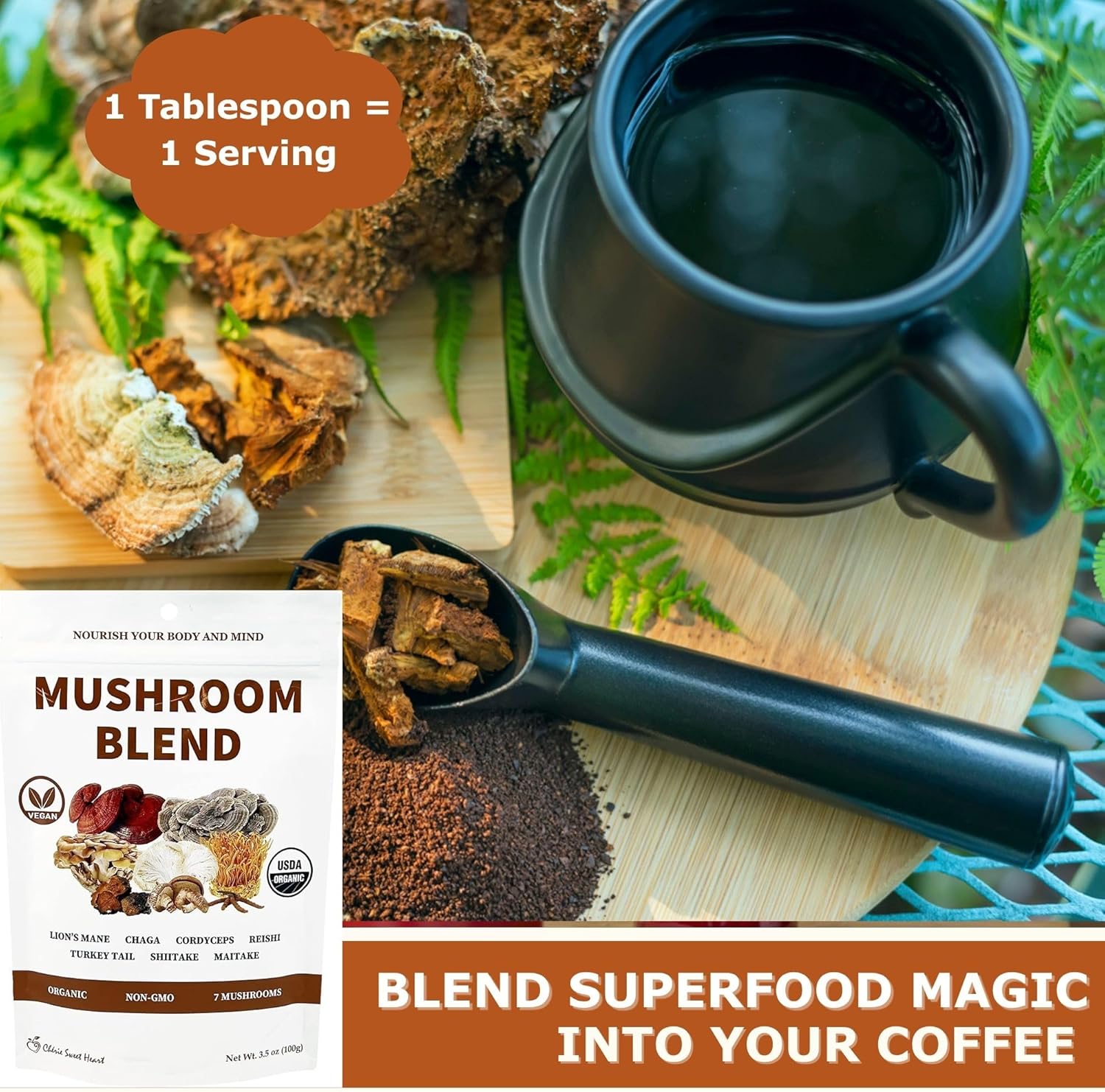 Cherie Sweet Heart 7 Mushroom Extract Powder – USDA Organic Superfood Blend with Lion's Mane, Reishi, Cordyceps, Maitake, Shiitake, Turkey Tail & Chaga – Vegan, Non-GMO, Gluten-Free – 3.5 oz - Image 4