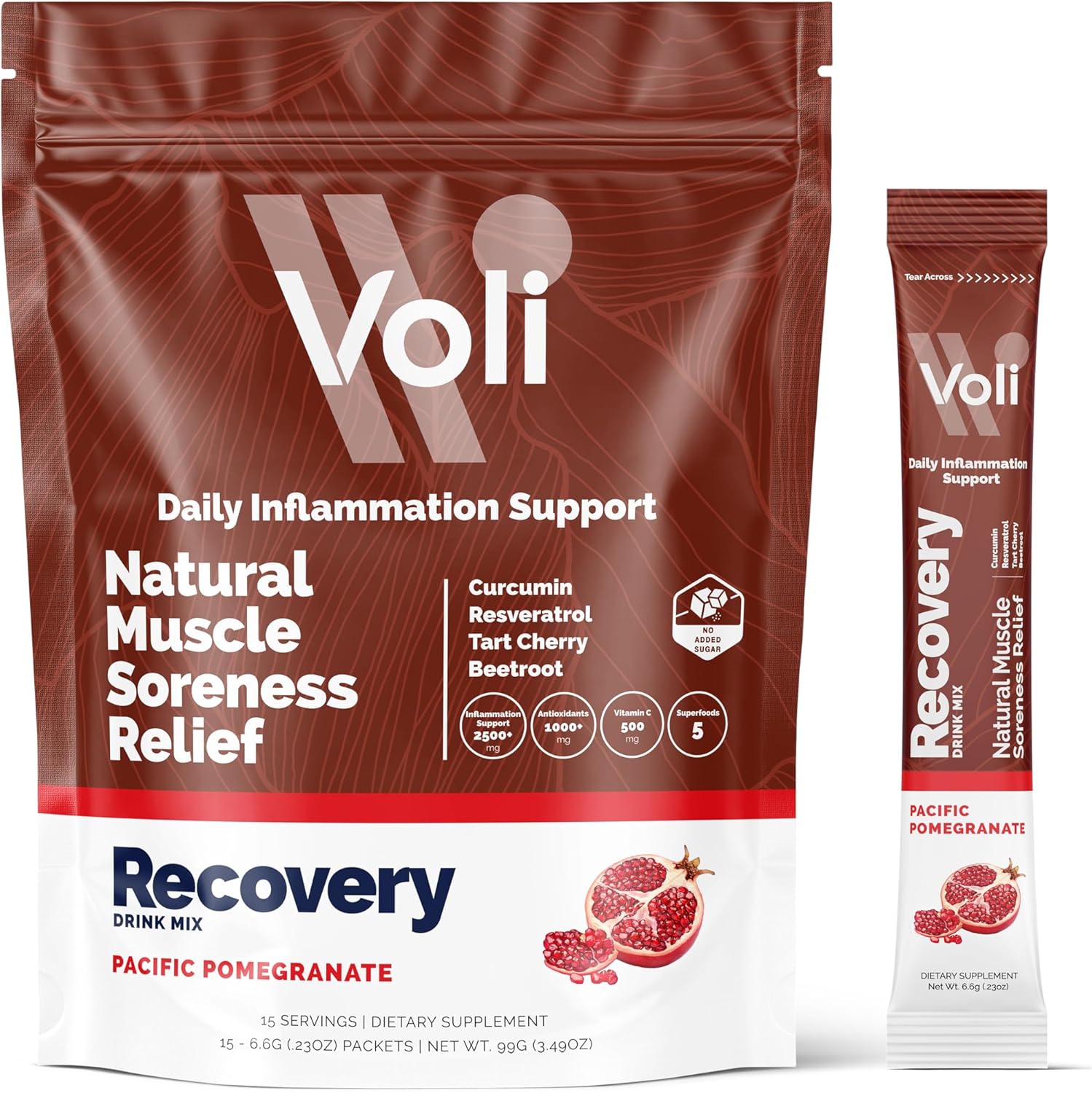 Voli Recovery - Post Workout Superfood Powder | Plant-Based Drink Mix Packets with Curcumin, Ginger & Vitamin C for Muscle Recovery & Detox Support, Inflammation & Leg Cramps Support, Vegan, 15 Count
