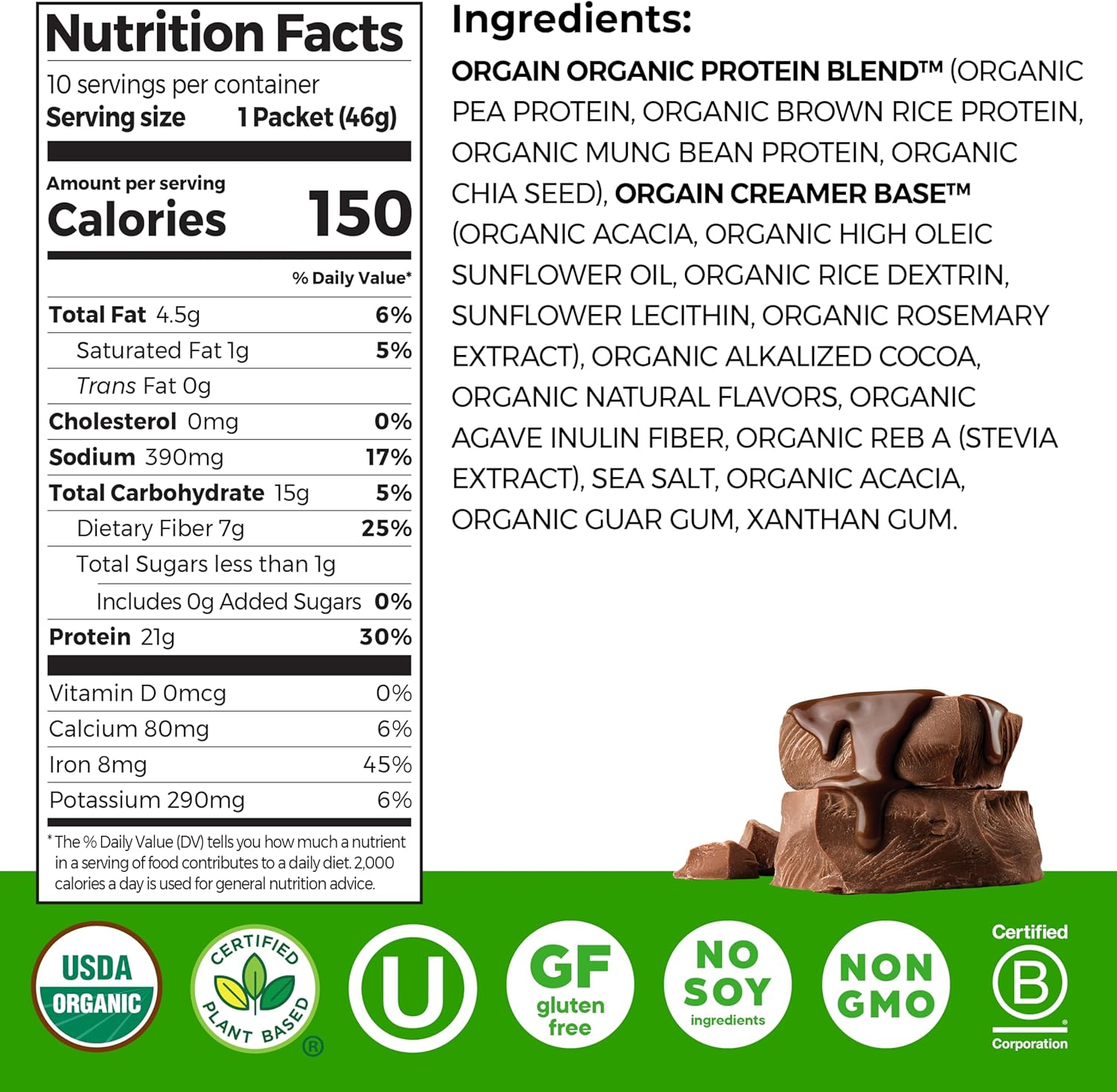 Orgain Organic Vegan Protein Powder, Creamy Chocolate Fudge - 21g Plant Protein, 6g Prebiotic Fiber, Low Carb, No Lactose Ingredients, No Added Sugar, Non-GMO, 10 Single Serve Individual Packets - Image 2