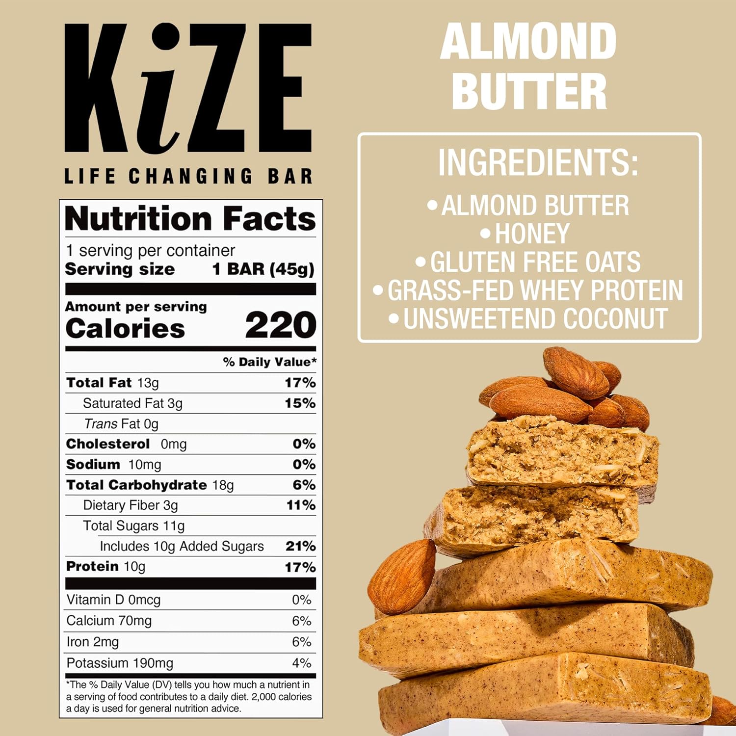 KiZE Energy Bars - Almond Butter - Almond-Butter-Based, Gluten Free, Non-GMO, and High Protein Meal Replacement Energy Bars, Clean and Simple Food Ingredients - 10g High Protein Snacks, (10 Count) - Image 2