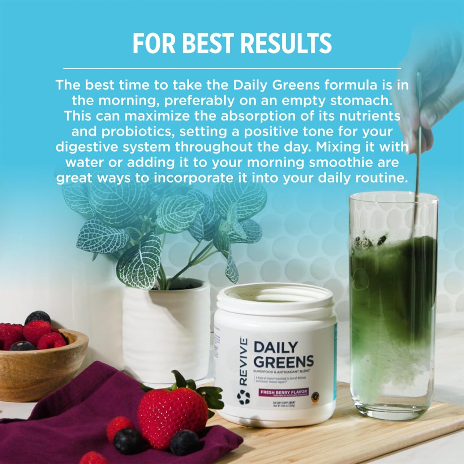 Revive MD Daily Green Powder Superfood (Fresh Berry) - Supergreens Powder to Support Energy Levels - Green Juice That Improves Fiber Intake - Vegetable Supports Digestion and Gut Health (30 Servings) - Image 4