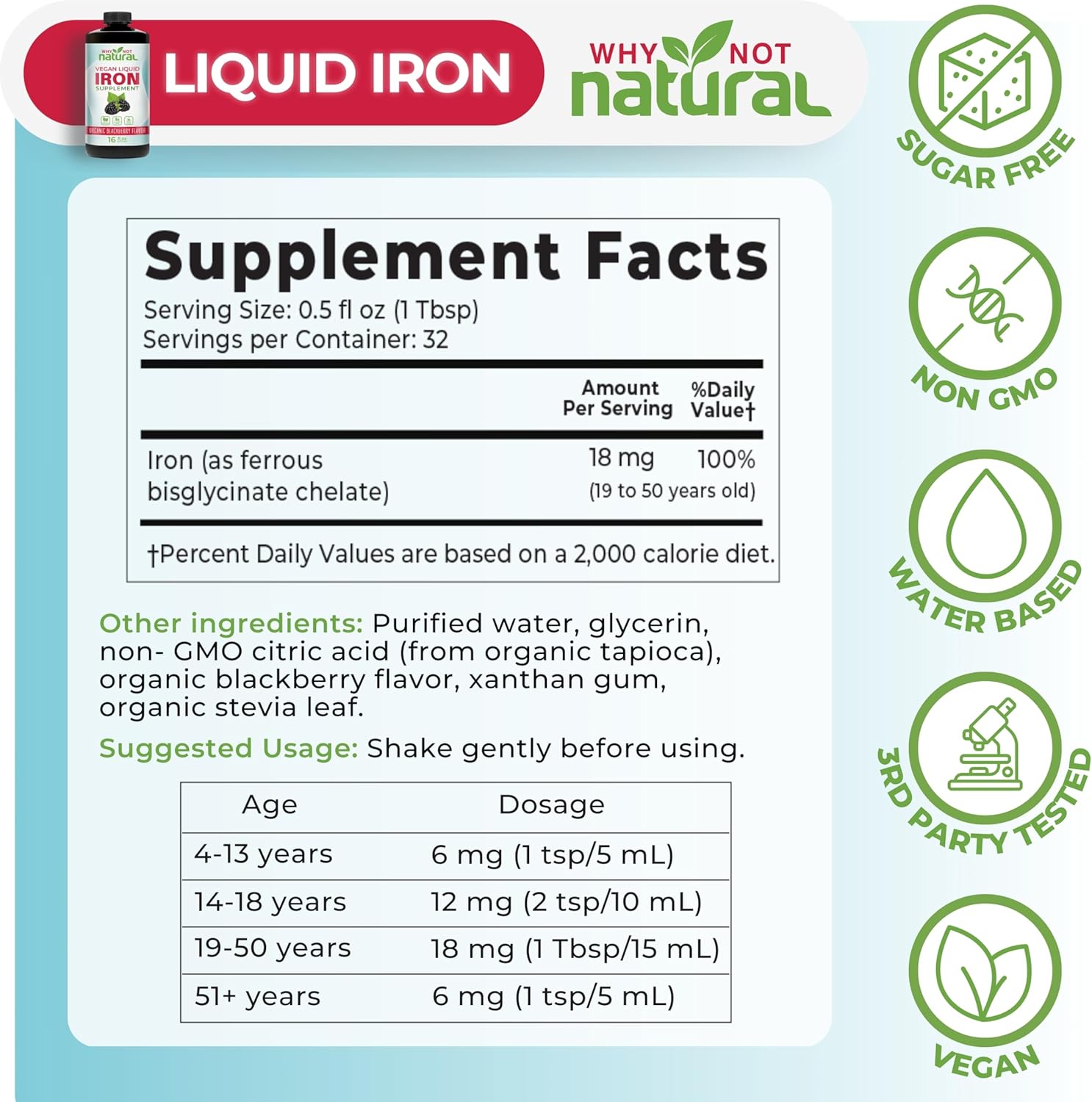 Why Not Natural Liquid Iron Supplement for Women, Men and Kids, Vegan Formulation for Anemia, Sugar Free, Vegan, Non-GMO, Organic BlackBerry Flavor 16 Fl Oz - Image 5