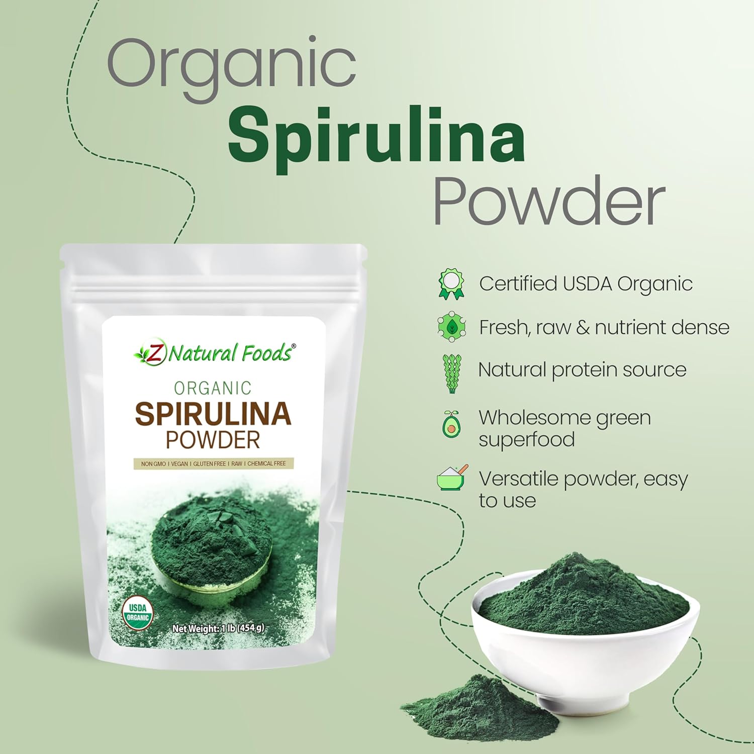 Z Natural Foods Organic Spirulina Powder - 100% Pure Spirulina, Nutrient-Dense Blue-Green Algae Superfood with Amino Acids, 15x Beta-Carotene - Mix in Smoothies, Yogurt, Recipes, 1 lb - Image 2