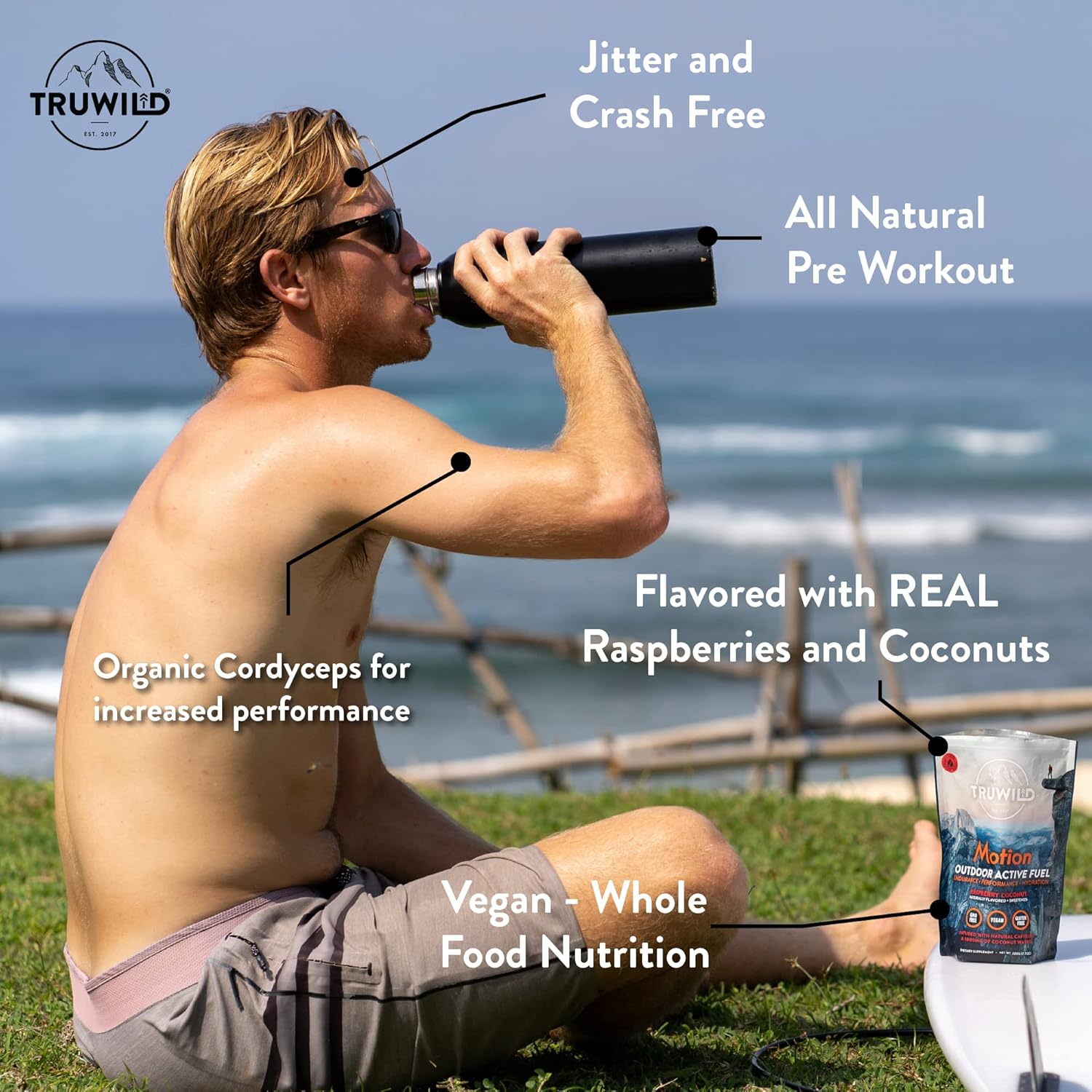 TruWild Motion All Natural Pre Workout Powder Drink Mix for Men & Women with No Jitters or Crash, Whole Food Plant Based Vegan, Organic with Electrolytes + BioPerine, 20 Servings (Coconut Raspberry) - Image 2
