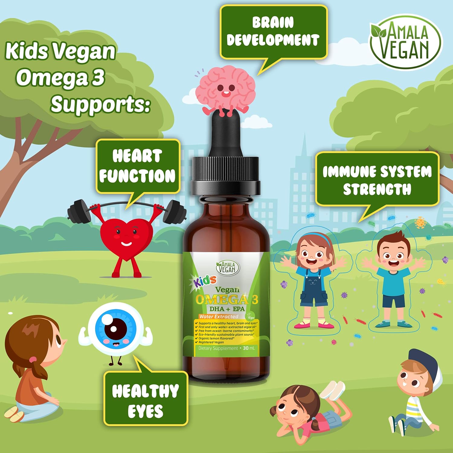 Omega 3 for Kids - Organic Lemon, Vegan, Liquid Supplement - Kids Fish Oil with DHA, EPA, DPA Fatty Acids - Plant Based Algae Oil - Immune, Heart, Brain Health for Children- 30-60 Doses - Image 3