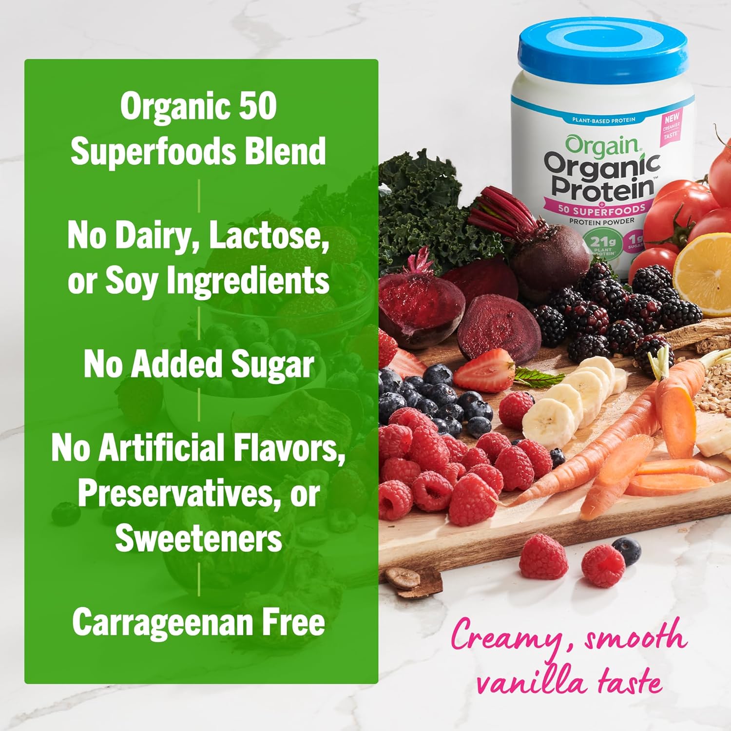 Orgain Organic Vegan Protein + 50 Superfoods Powder, Vanilla Bean - 21g Plant Based Protein, 8g Prebiotic Fiber, No Lactose Ingredients, Gluten Free, No Added Sugar, 1.12 lb (Packaging May Vary) - Image 6