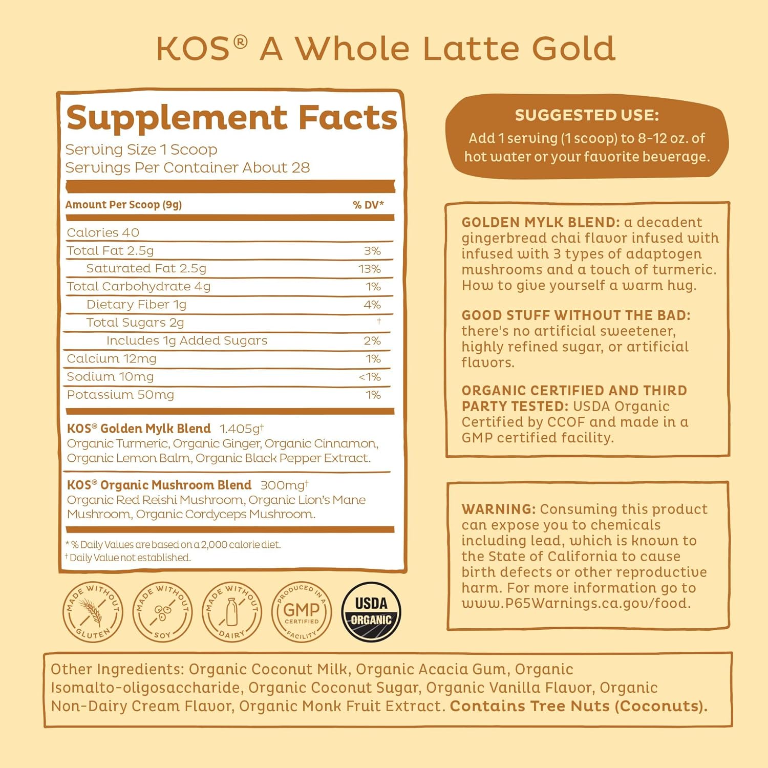 KOS Golden Mylk with Tumeric and Ginger, Organic Superfood Latte Powder, Adaptogen Mushroom Blend - Coffee Creamer, Dessert & Smoothie - Caffeine Free, Vegan, Dairy-Free, Gingerbread Chai, 28 Servings - Image 3
