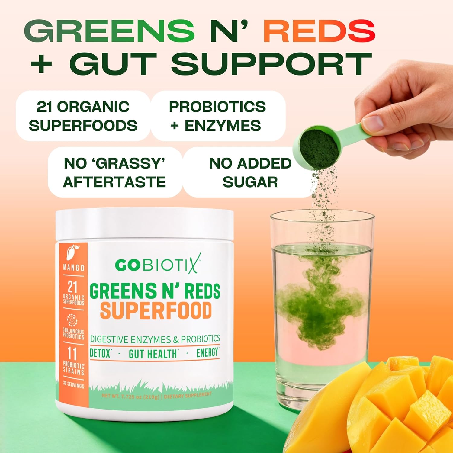 GOBIOTIX Super Greens Powder with Organic Spirulina - Superfood Supplement with Fruit Blend, Probiotics and Enzymes for Digestive Health - Vegan, Non-GMO - 30 Servings (Mango - 1 Pack) - Image 2