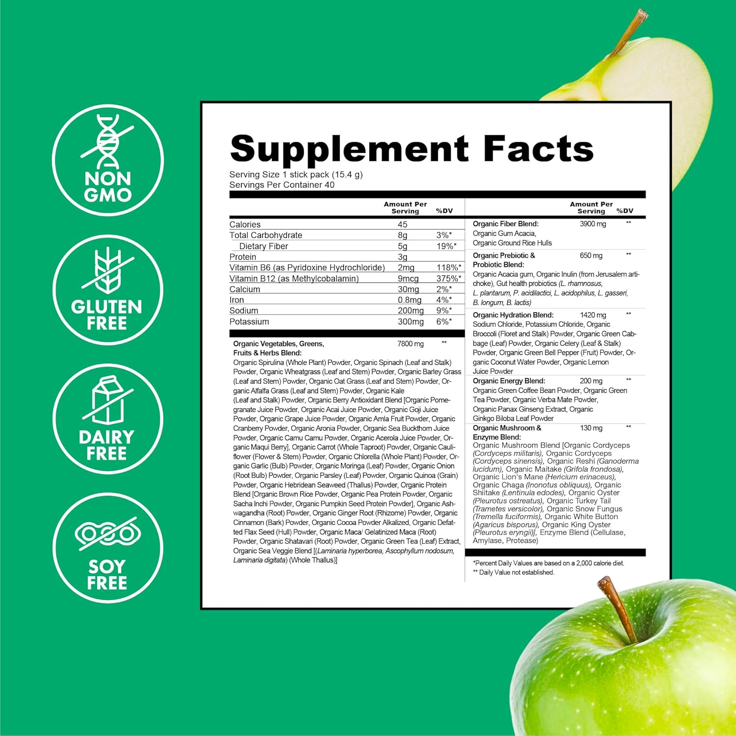 Zena Nutrition Organic Super Greens Energy & Hydration Powder, 70+ Superfoods, 0 Sugar, 5G Fiber, Spirulina, Chlorella, Prebiotics/Probiotics, Natural Caffeine + Electrolytes, 40 Drink Mix Packets - Image 5