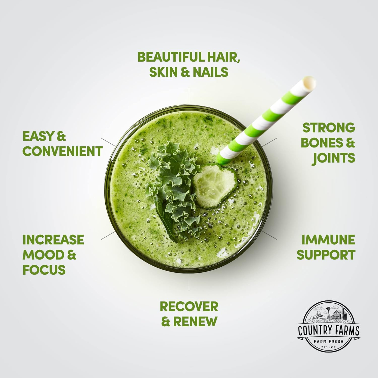 Country Farms Collagen Peptides Powder with Greens Dietary Powder Supplement (Type I, III) for Skin Hair Nail and Joints, Dairy/Gluten/Sugar Free, Energizing Superfoods, Natural, 10.6 Oz 30 Servings - Image 3