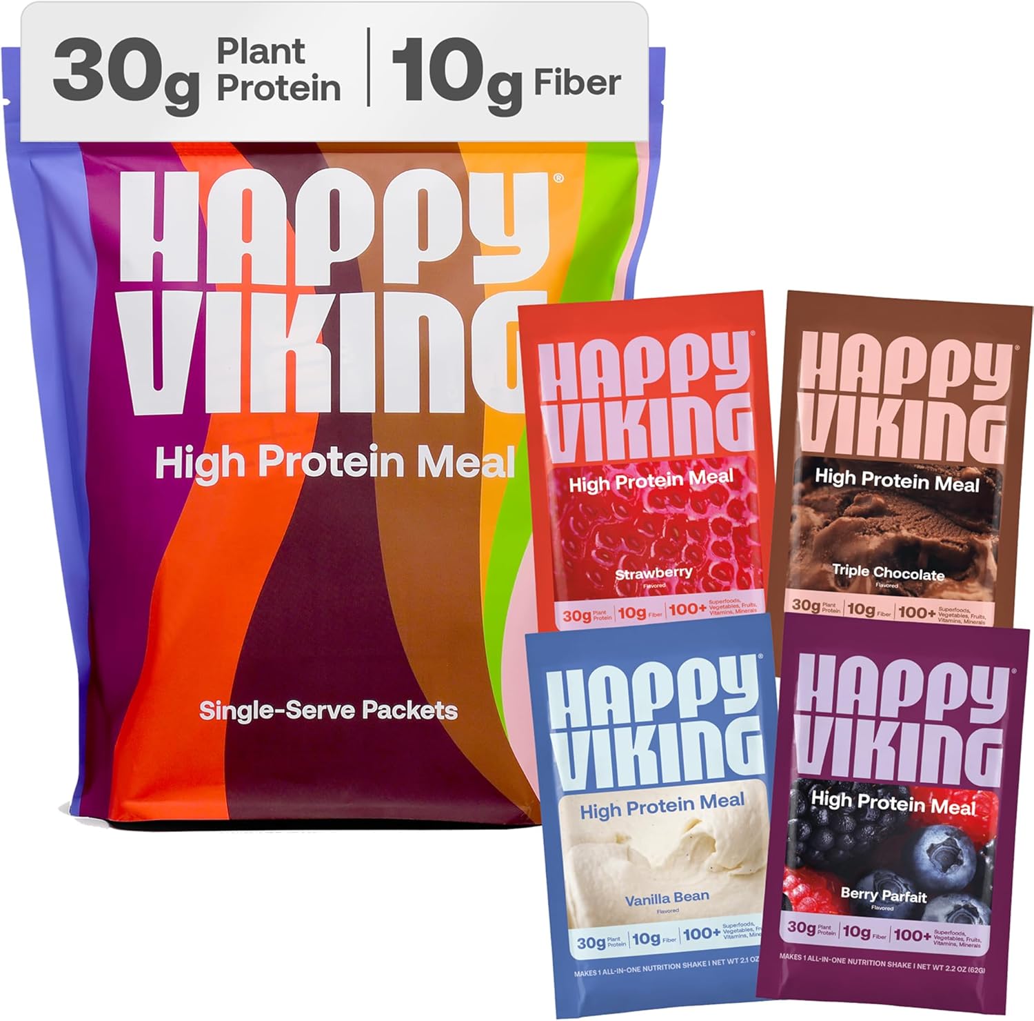 Happy Viking Plant-Based Protein Powder +100 Superfoods Meal Replacement Shake Variety Pack, Created by Venus Williams, 30g Plant Protein, 10g Fiber, Vegan, Gluten-Free, Non-GMO, 12 Meals