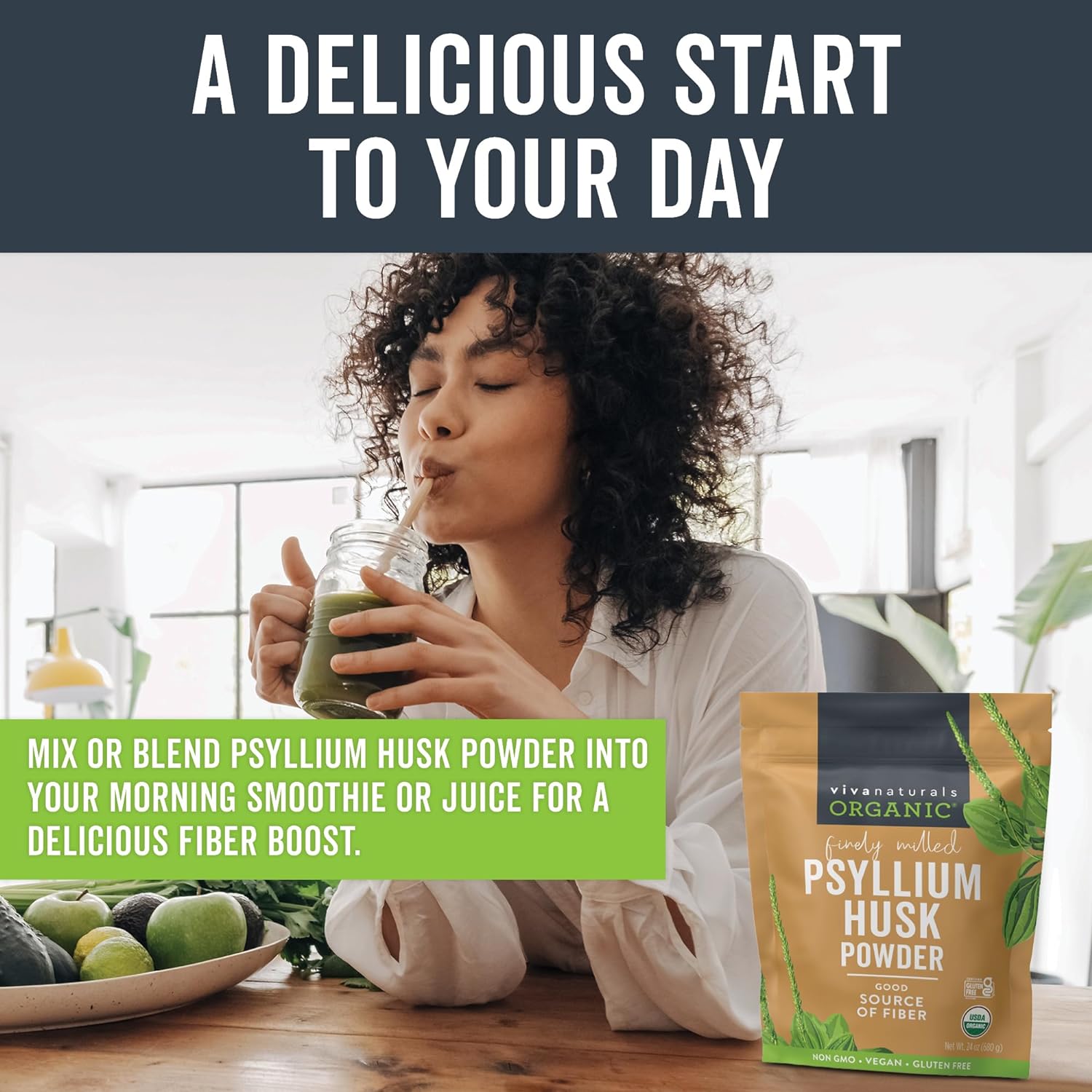 Viva Naturals Organic Psyllium Husk Powder, 24 oz – Finely Ground, Unflavored, Vegan, Keto, Paleo, Non-GMO Plant-Based Superfood, Good Source of Fiber for Gluten-Free Baking, Juices & Smoothies - Image 2