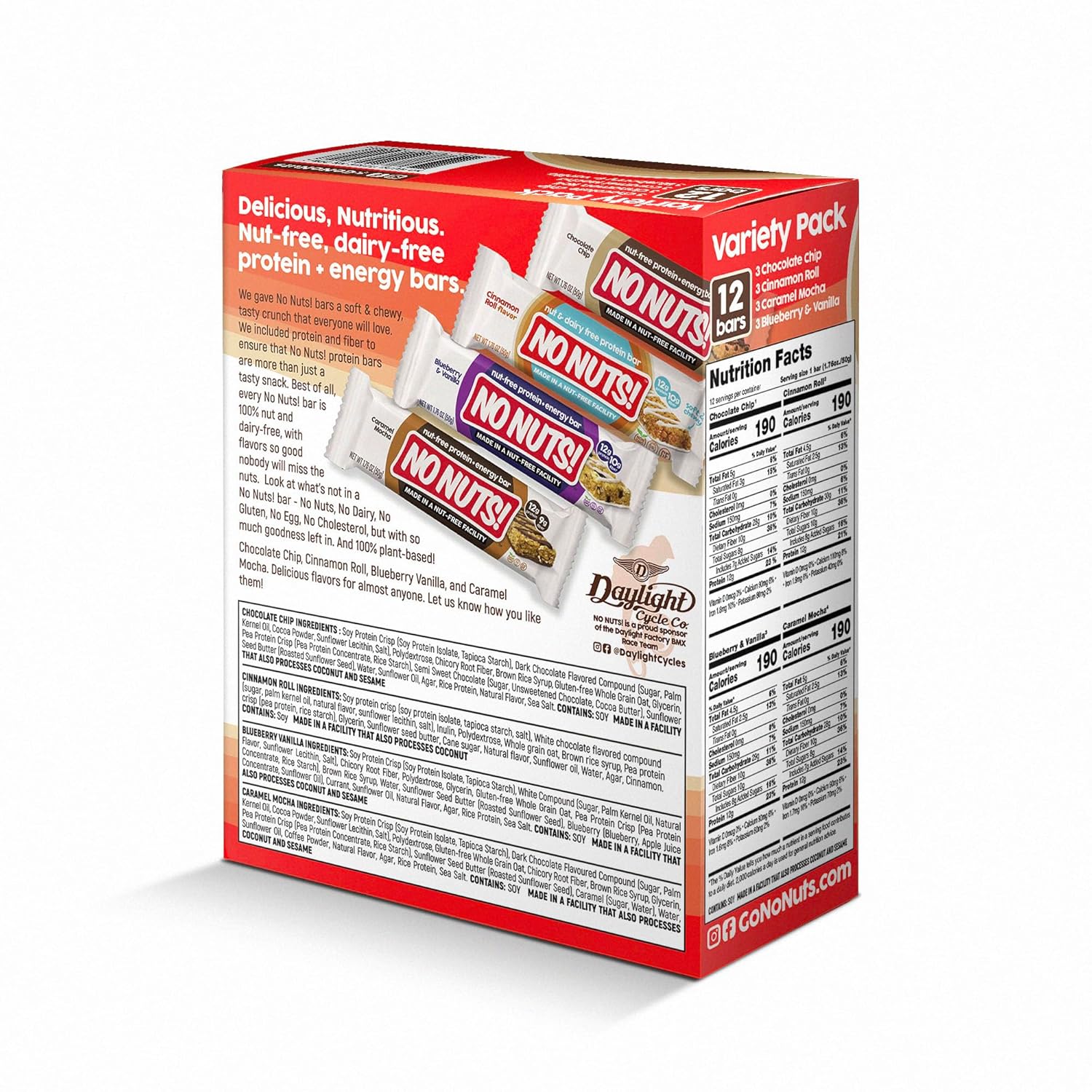 No Nuts! Protein Bar Variety Pack – 12 Count | Nut-Free & School-Safe | Chocolate Chip, Caramel Mocha, Cinnamon Roll & Blueberry Vanilla | Dairy-Free, Vegan, Non-GMO, Organic, Kosher - Image 9