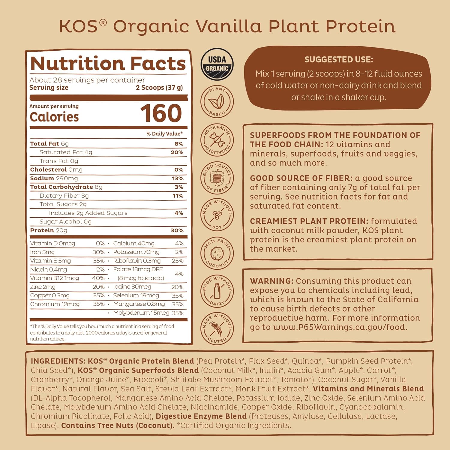 KOS Vegan Protein Powder Erythritol Free, Vanilla USDA Organic - Pea Protein Blend, Plant Based Superfood Rich in Vitamins & Minerals - Keto, Dairy Free - Meal Replacement for Women & Men, 28 Servings - Image 9