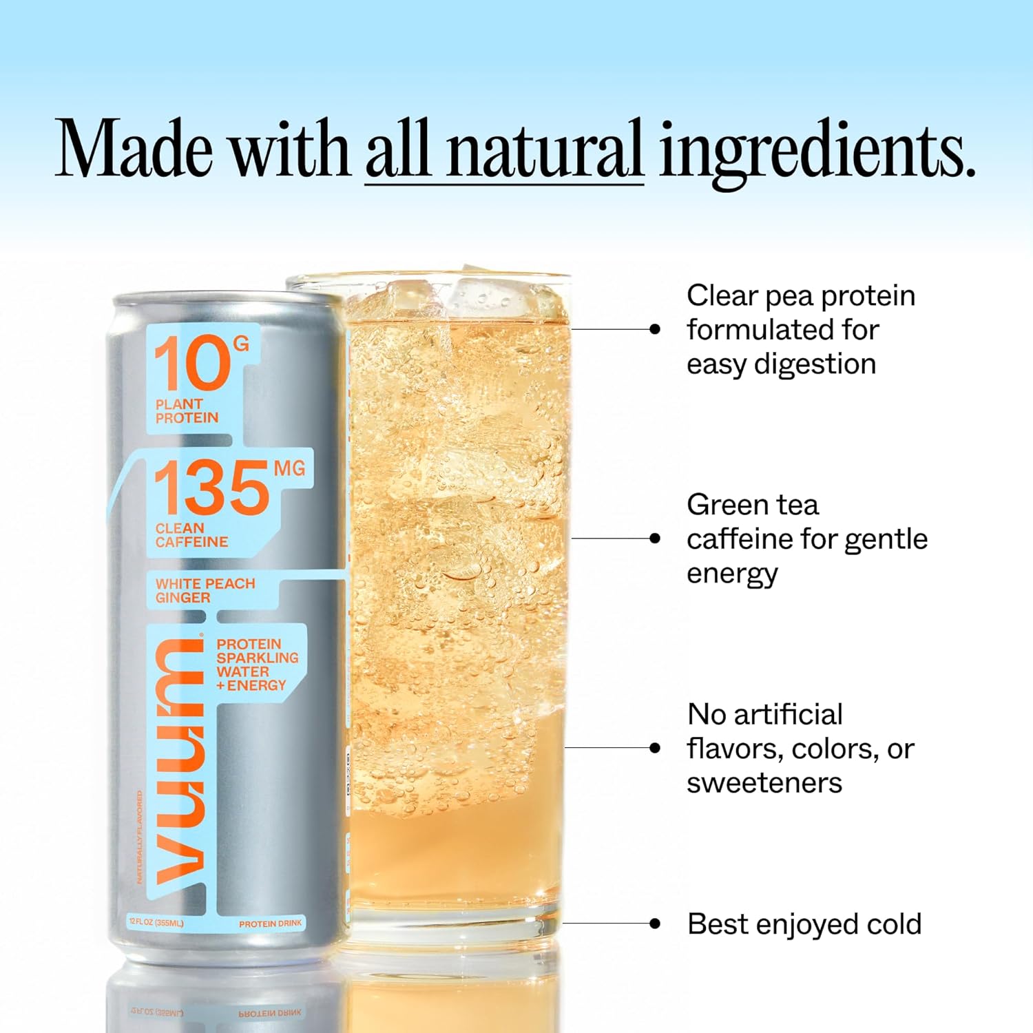 Vuum Sparkling Clear Protein Drink - 10g Plant Protein & Natural Caffeine with L-Theanine, Amino Acids for Focused Energy - Sugar Free, All Natural, Non-GMO 12 fl oz (12-Pack), White Peach Ginger - Image 4