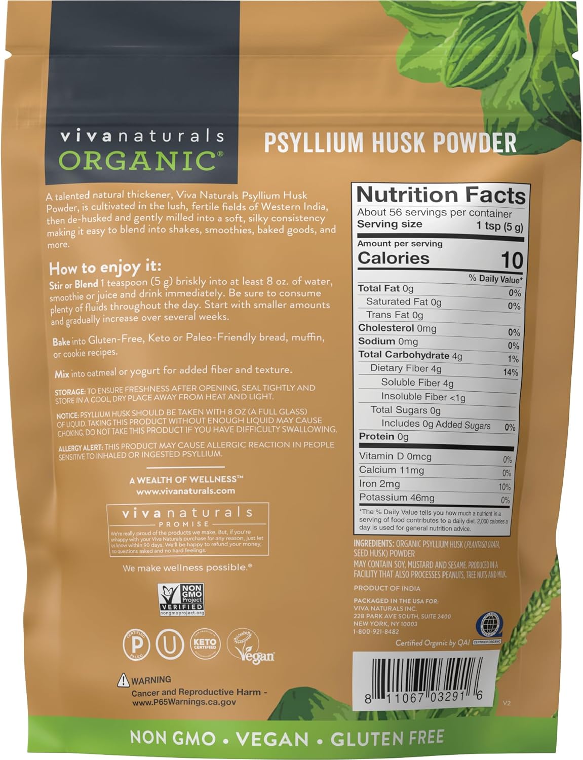 Viva Naturals Organic Psyllium Husk Powder, 10 oz – Finely Ground, Unflavored, Vegan, Keto, Paleo, Non-GMO Plant-Based Superfood, Good Source of Fiber for Gluten-Free Baking, Juices & Smoothies - Image 6