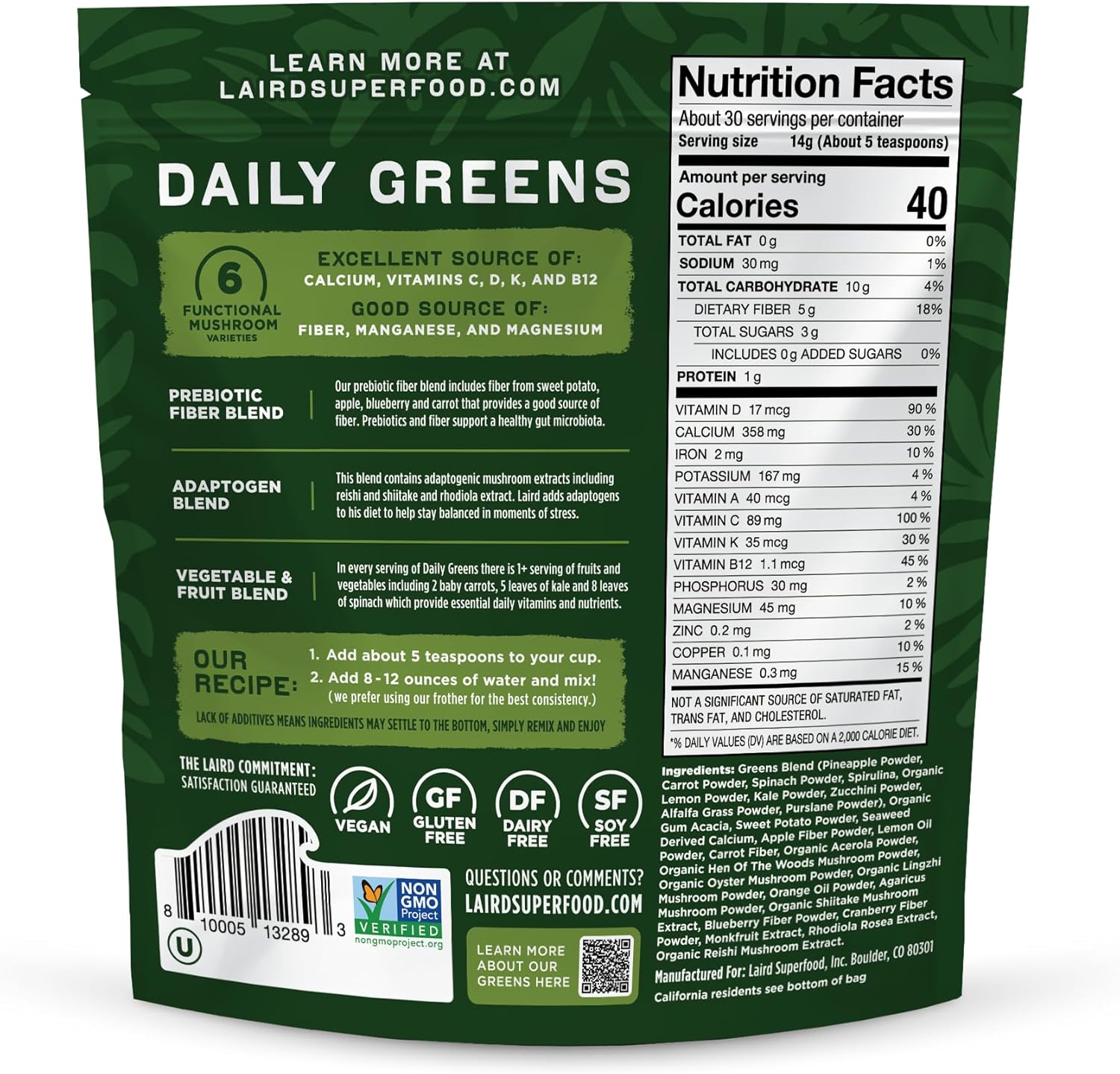 Laird Superfood Prebiotic Daily Greens Powder – Essential Vitamins & Minerals - Prebiotic Fiber, Adaptogen and Fruits & Vegetables – Supports Gut Health – Non-GMO, Vegan - 14.8 oz Bag, Pack of 1 - Image 2