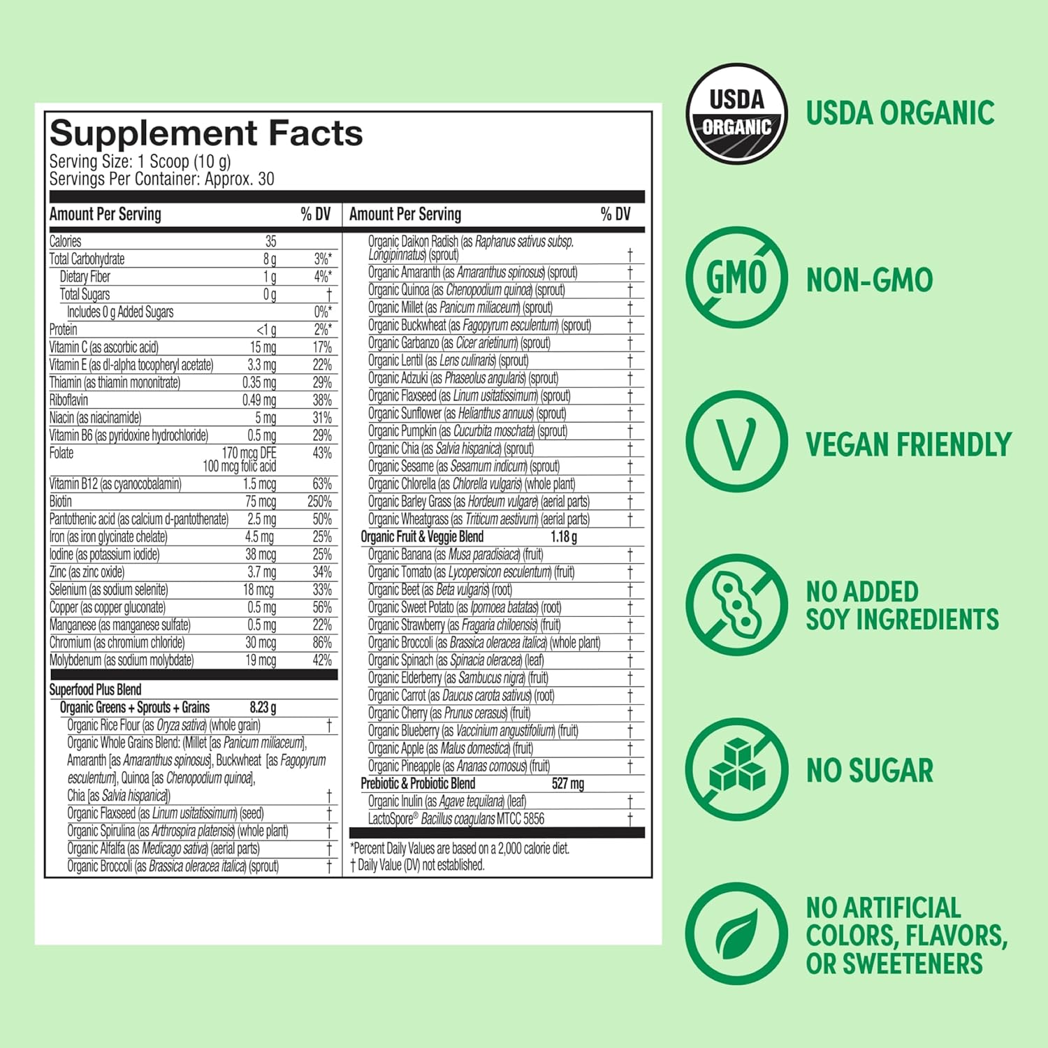 Purely Inspired Organic Greens Powder Superfood Smoothie Mix, Unflavored (30 Servings) - Super Greens with Probiotics, Spirulina & Chlorella for Gut & Digestive Health - Vegan - Image 4
