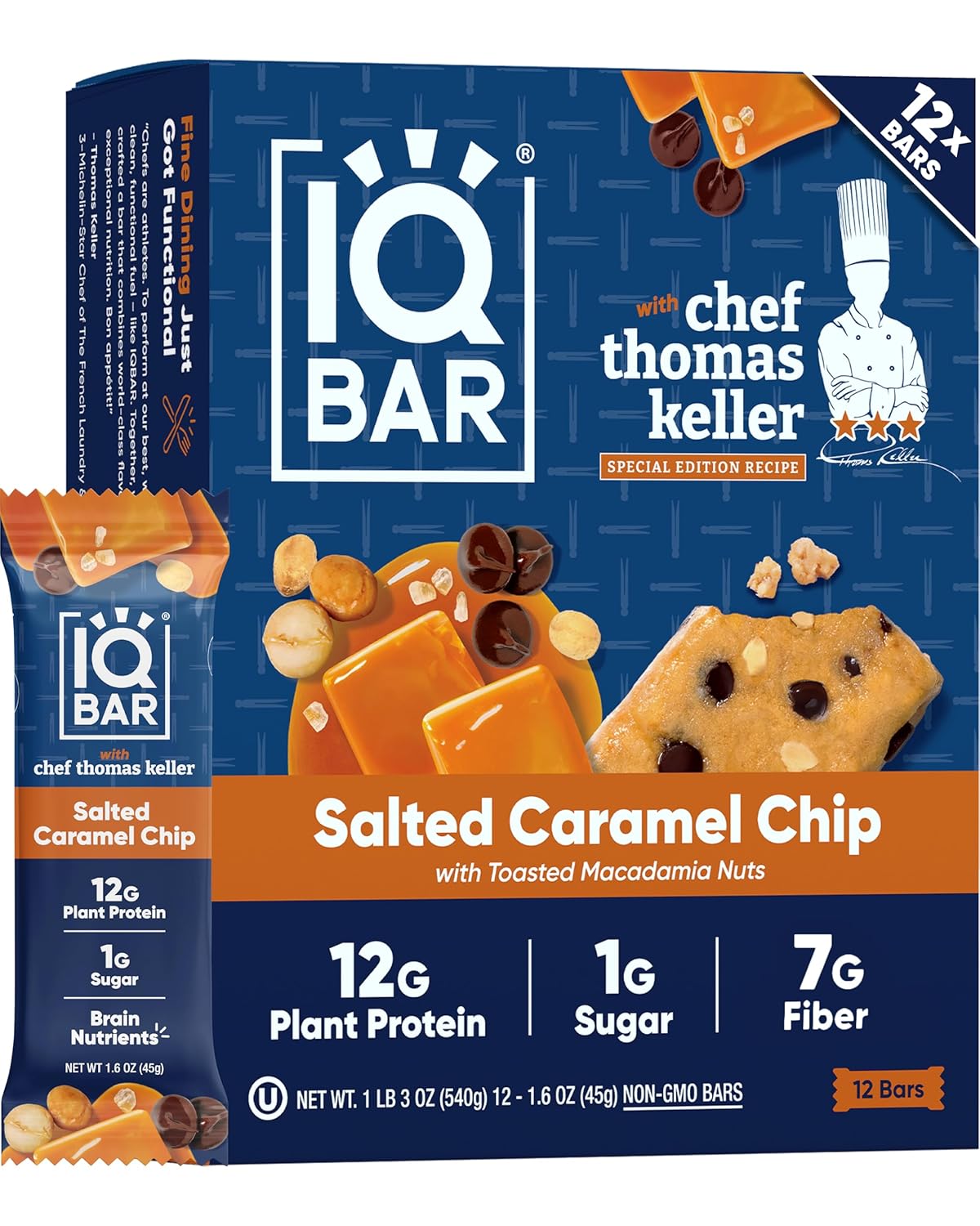 IQBAR Clean Plant Protein Bars - Salted Caramel Chip - 12 Count - Keto, Vegan, High Fiber, Gluten and Dairy Free, Low Sugar Snack - Brain and Body Nutrients for Focus, Energy, Meal Replacement