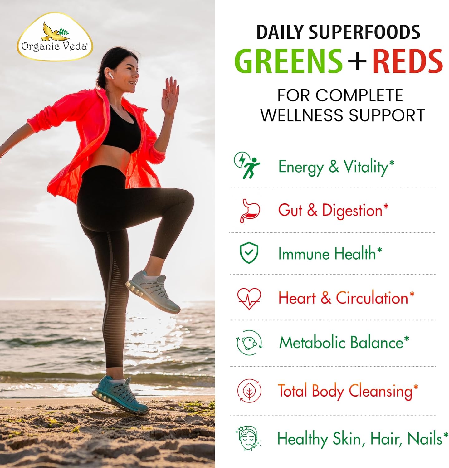 Organic Veda Super Greens & Reds Capsules - Organic Superfoods, Daily Greens, Red Juice, Fruits & Vegetables Supplement - Papaya Enzymes, Digestive Herbs, Bromelain, Antioxidants - 120 Veggie Capsules - Image 3