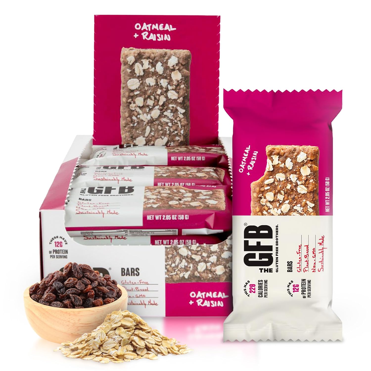 The GFB Oatmeal Raisin Protein Bars - Gluten Free, Plant Based, Non GMO, Sustainably Made – Ridiculously Tasty, Healthy, Vegan, Nutrition Snack Protein Bars, 2.05 oz (12 Count)