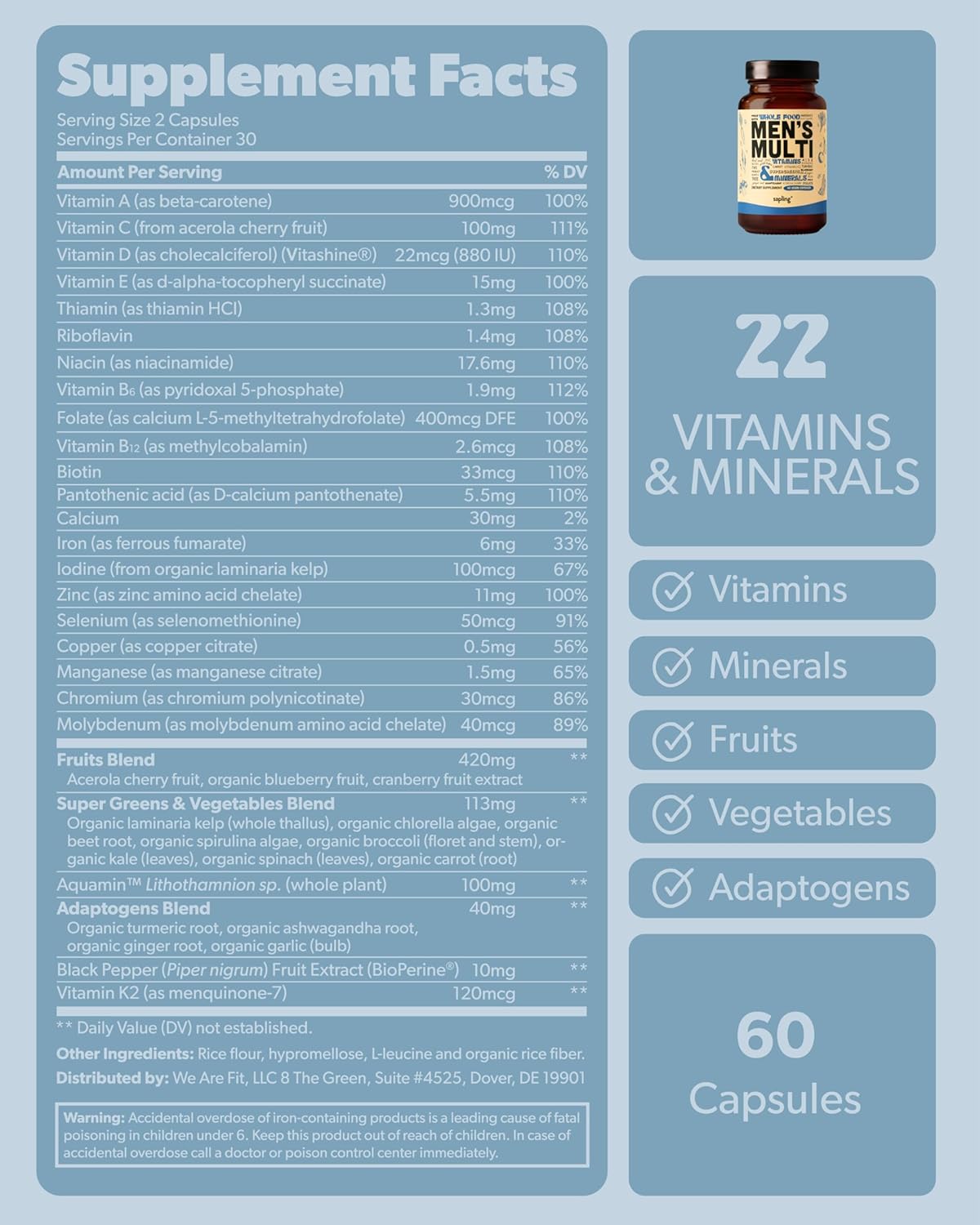 Multivitamin for Men - Daily Men’s Multivitamin - Methylated B Complex with Whole Food Ingredients, Vitamin B12, Folate, A, C, D3, E, K2, Organic Fruits & Vegetables - Vegan, Non-GMO - 60 Caps - Image 9