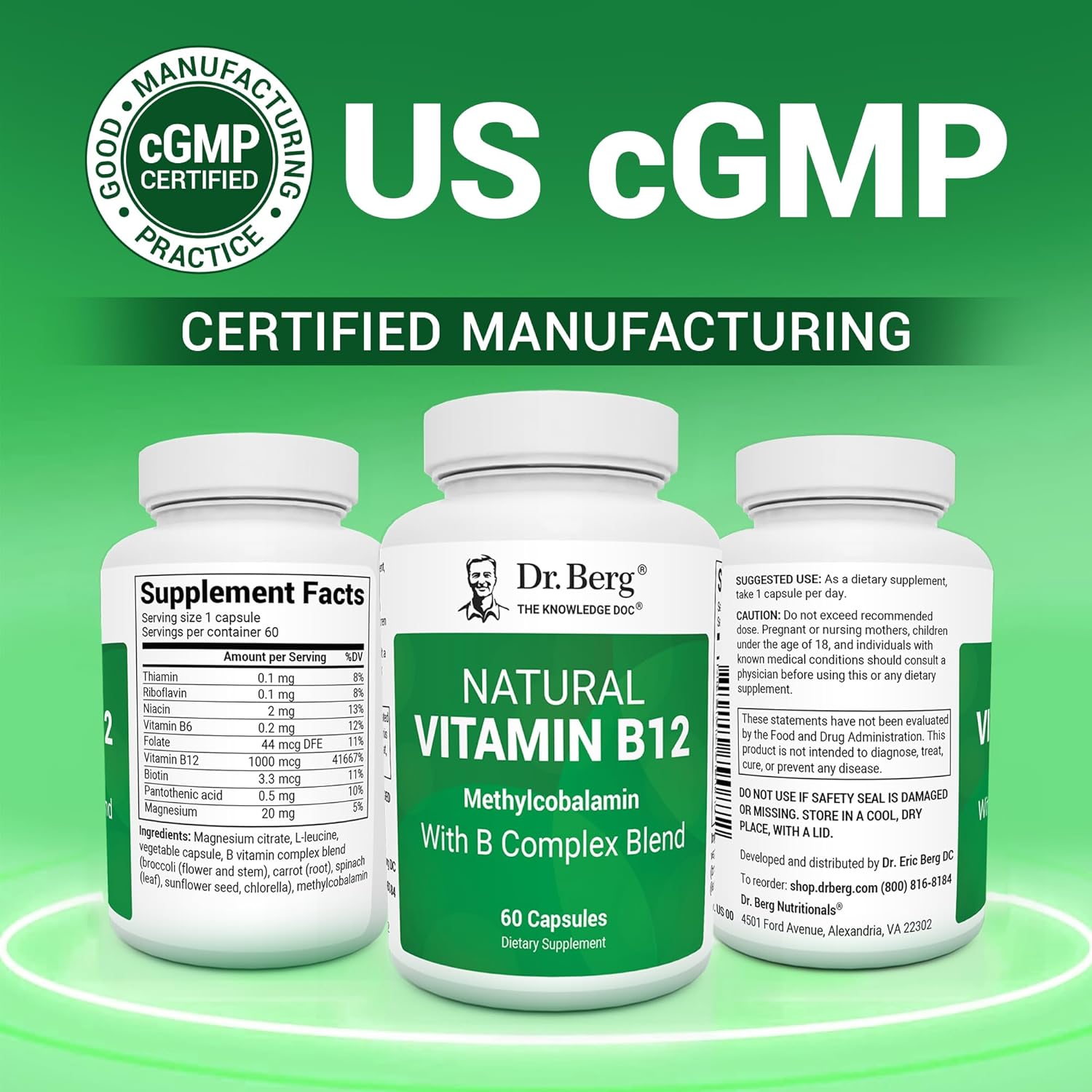 Dr. Berg Natural Vitamin B12 1000 mcg with B Complex Blend - Methylcobalamin B12 for Energy, Nerve Health, and Cognitive Function* - Methylated B12 with Folate - 60 Capsules (2-Month Supply) - Image 5