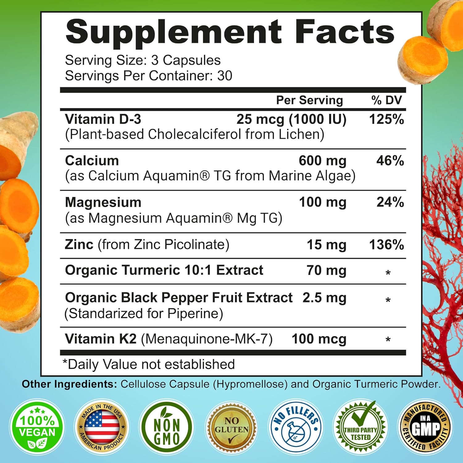 Plant-Based Calcium 600mg (Aquamin) – Vegan Calcium Magnesium Zinc D3 with Vitamin K2 & Organic Turmeric – Enhanced Bone and Muscle Health & Strength, Immune Support for Women & Men - 90 Count - Image 6