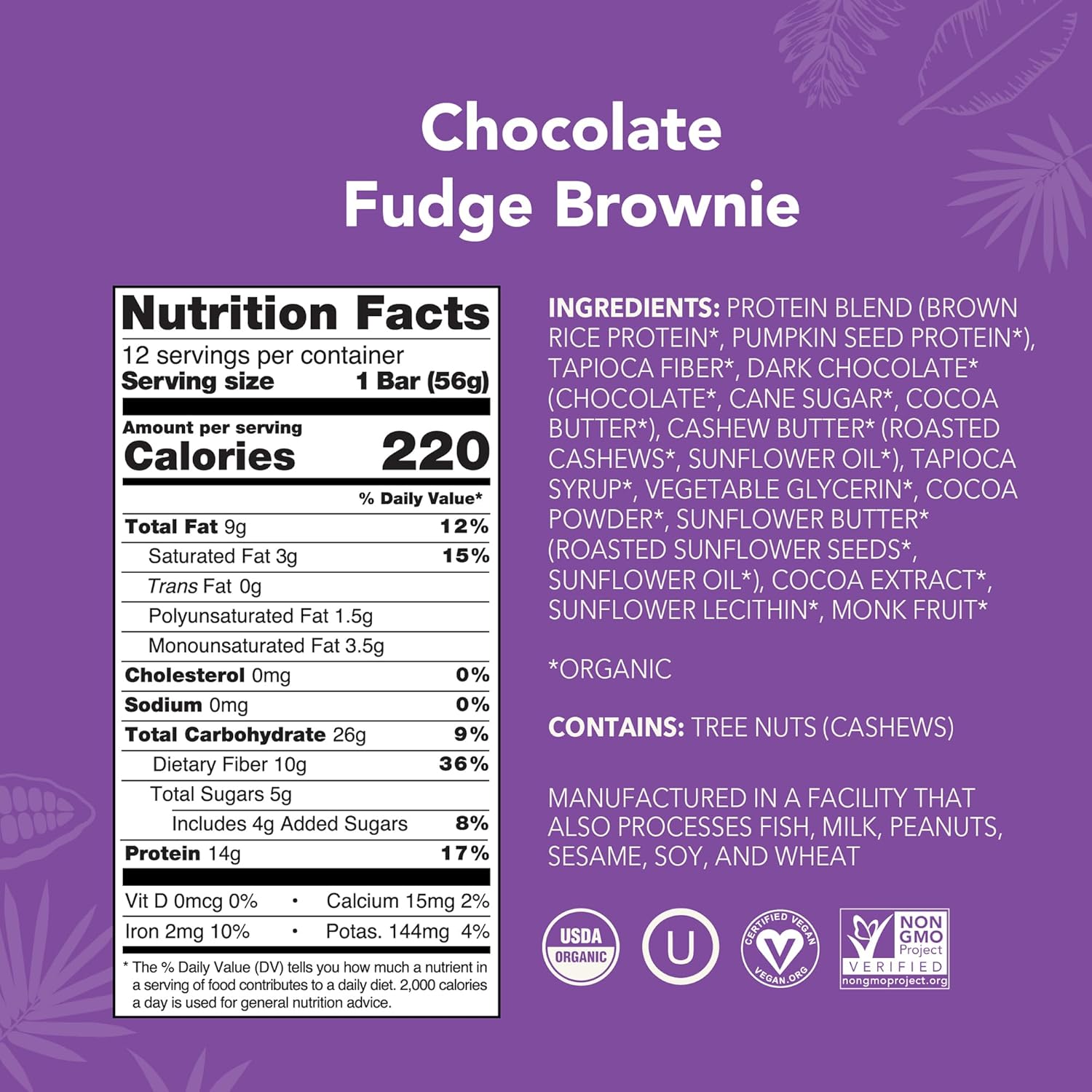 ALOHA Organic Plant-Based Protein Bars | Chocolate Fudge Brownie | Vegan, Gluten-Free, Paleo, Low-Carb, Non-GMO, Soy-Free, 12 Count - Image 2
