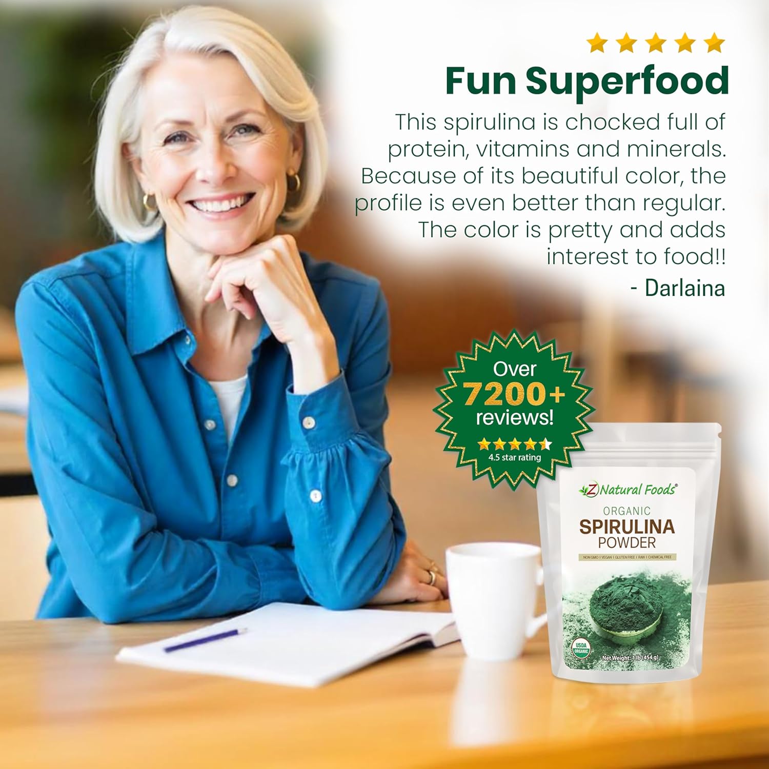 Z Natural Foods Organic Spirulina Powder - 100% Pure Spirulina, Nutrient-Dense Blue-Green Algae Superfood with Amino Acids, 15x Beta-Carotene - Mix in Smoothies, Yogurt, Recipes, 1 lb - Image 7
