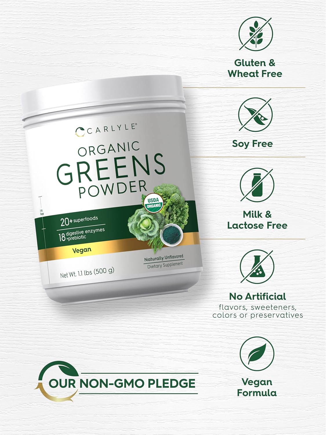 Carlyle Organic Greens Powder | 17.6 oz Supplement | Relieves Occasional Gas, discomfort & Bloating | with 20+ Superfoods, 18 Digestive Enzymes, and Prebiotics | Vegan, Non-GMO and Gluten Free - Image 5