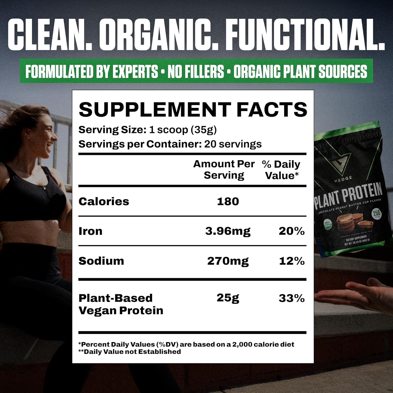 VEDGE Vegan Protein Powder - Plant Protein Powder with Pea, Pumpkin & Sunflower - USDA Organic, Amino Acids, Dairy Free, Gluten Free, Soy Free, Keto, Non GMO - Peanut Butter Cup - 20 Servings - Image 3