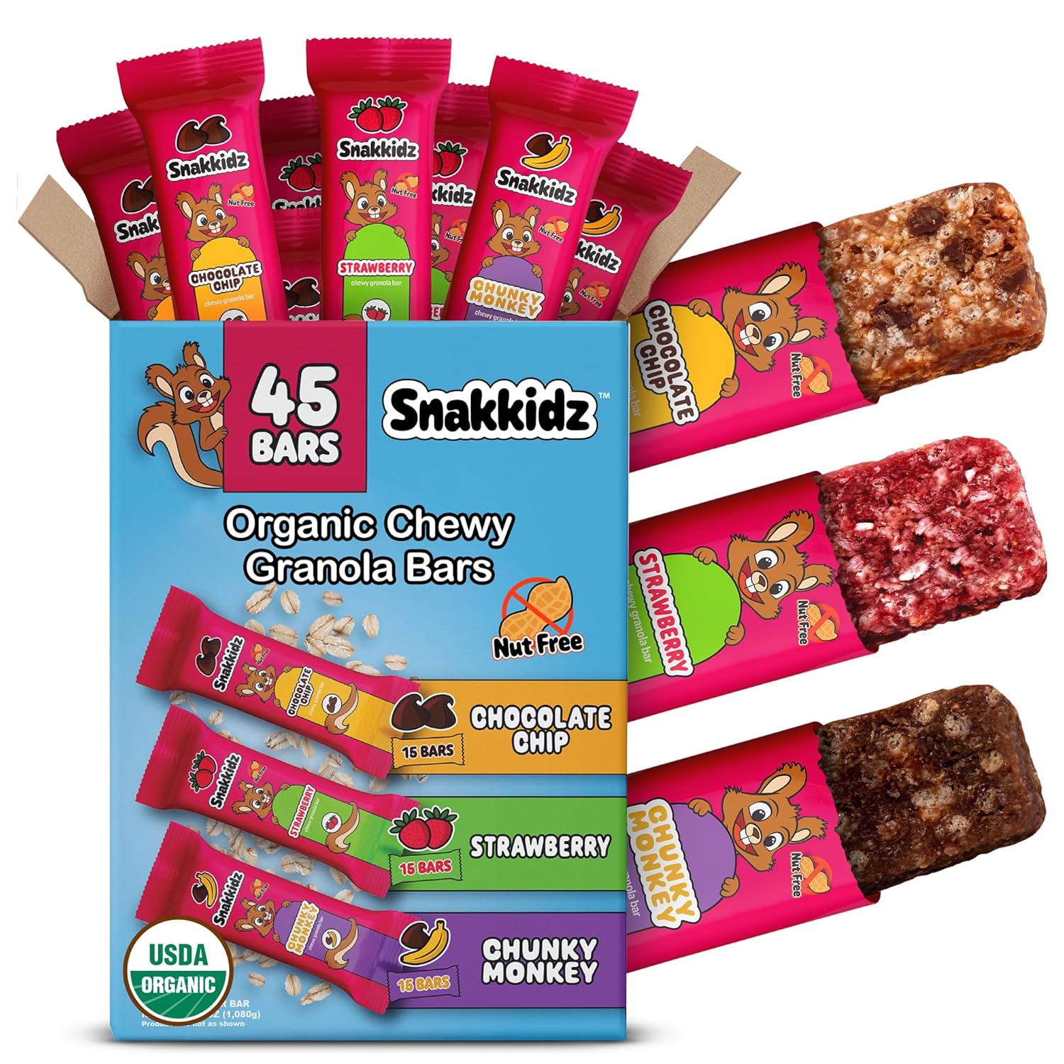 Snakkidz Organic Chewy Granola Bars for Kids, Allergen-Free, Nut-Free, Gluten-Free, Low Sugar Snack Bars Made with Avocado Oil, Individually Wrapped, School Lunch Snacks, Bulk Pack of 45, Variety Pack