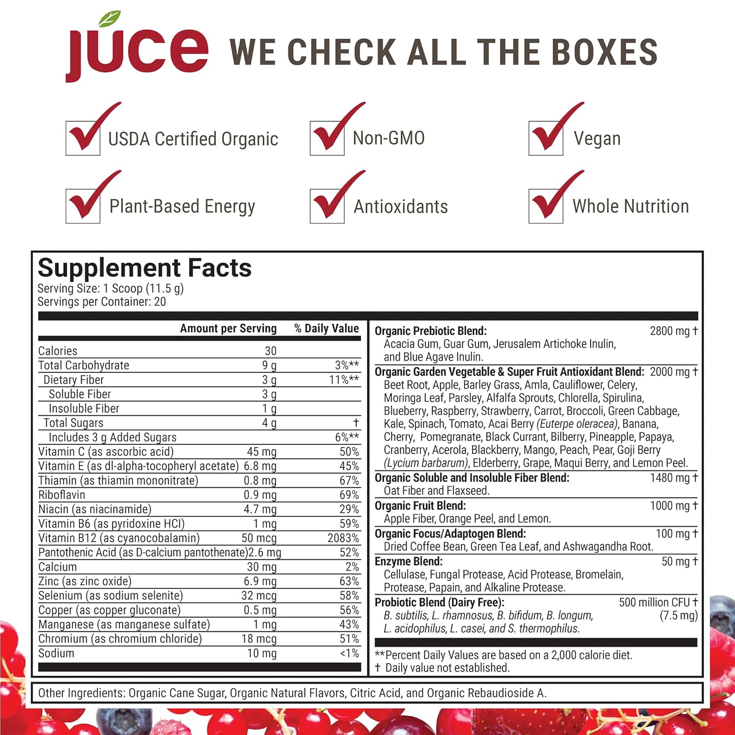Terra Kai Organics JUCE Reds Organic Superfood Powder - Garden Berry Flavor | Fruit & Veggie Powder for Everyone w/64 Immune Boosting Superfood Plus Probiotics for Gut Health | 20 Servings (230g) - Image 2