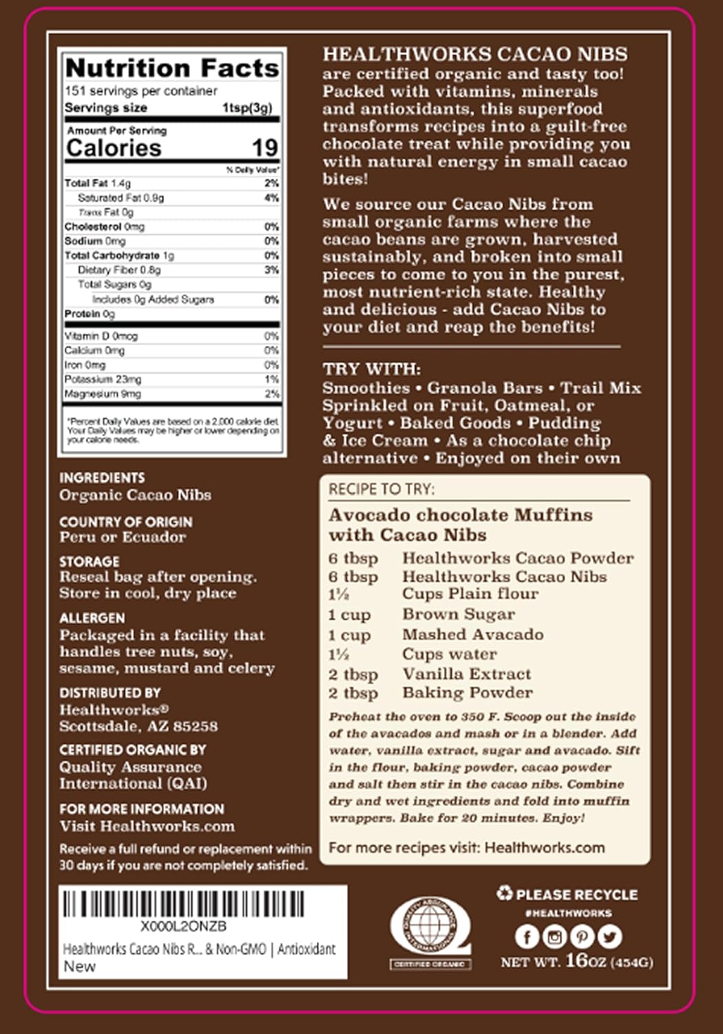 Healthworks Superfoods Cacao Nibs Organic - 16 Oz / 1 Lb - Criollo Bean - Raw Unsweetened Chocolate Substitute - Certified Organic - Keto, Vegan & Non-GMO - Antioxidant - Image 2
