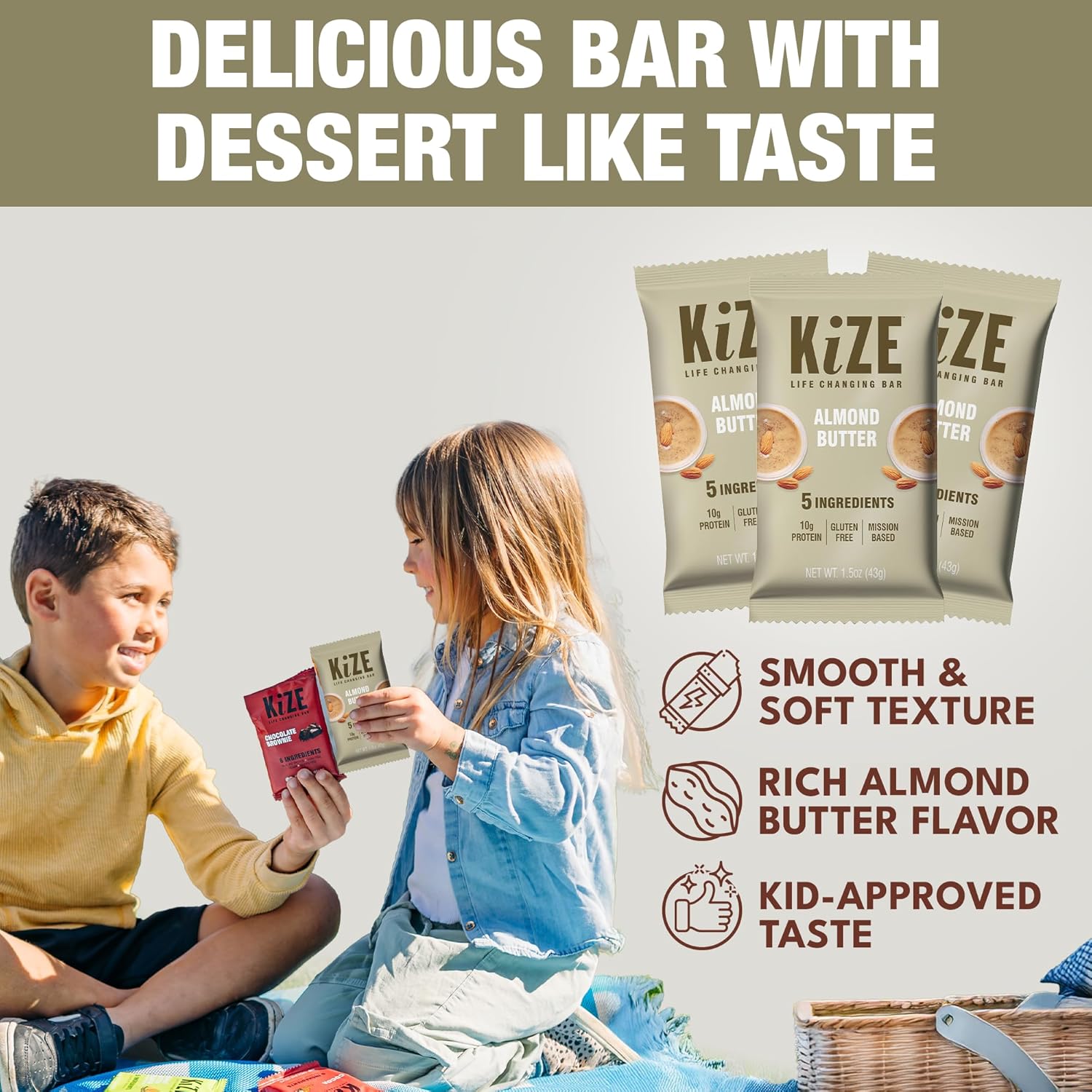 KiZE Energy Bars - Almond Butter - Almond-Butter-Based, Gluten Free, Non-GMO, and High Protein Meal Replacement Energy Bars, Clean and Simple Food Ingredients - 10g High Protein Snacks, (10 Count) - Image 4