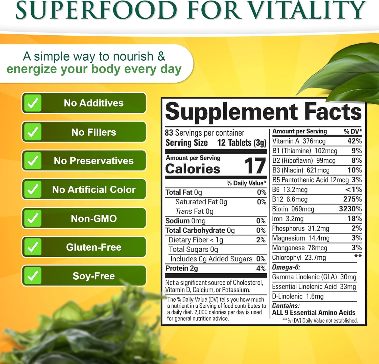 Sunlit Best - USDA Organic Spirulina Tablet - Natural Super Greens Supplements for Immune Support, Gut Health & Boost Energy Tablets with Chlorophyll, Vegan & High Protein Non GMO, 1000 Superfood Tabs - Image 3