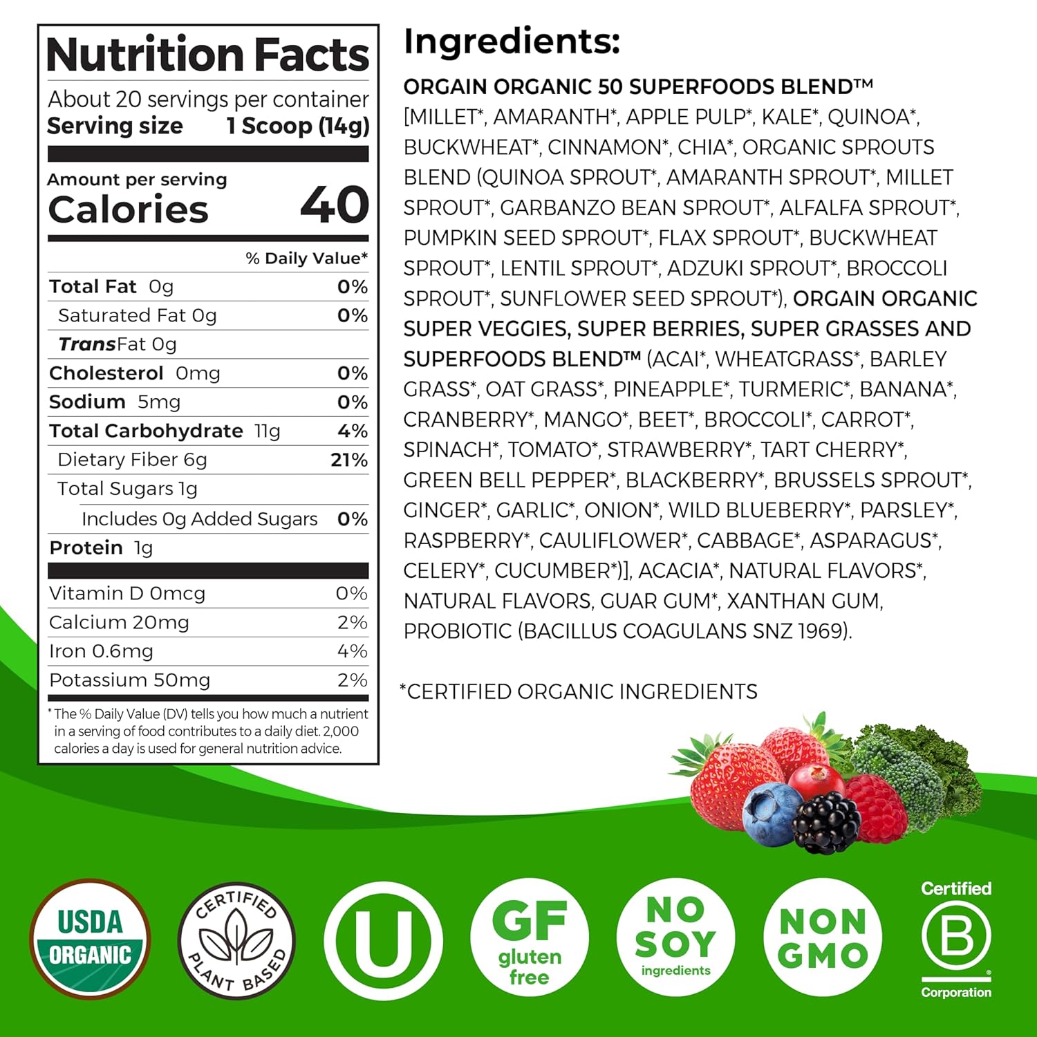Orgain Organic Greens Powder + 50 Superfoods, Berry - 1 Billion Probiotics for Digestive Health, Antioxidants, Vegan, Plant-Based, Gluten-Free, Non-GMO, Green Juice & Smoothie Drink Mix - 0.62lb - Image 2