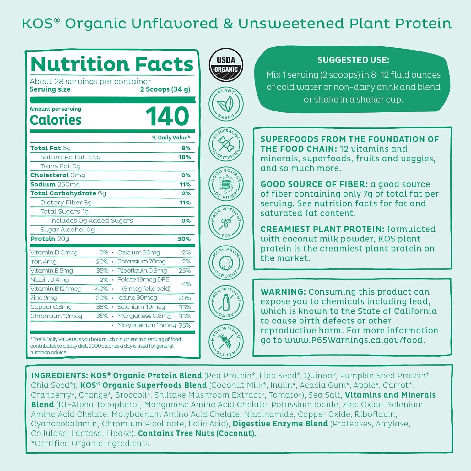 KOS Vegan Protein Powder, Unflavored & Unsweetened - Low Carb Pea Protein Blend, Organic Superfood Rich in Vitamins & Minerals - Keto, Soy, Dairy Free - Meal Replacement for Women & Men - 28 Servings - Image 9