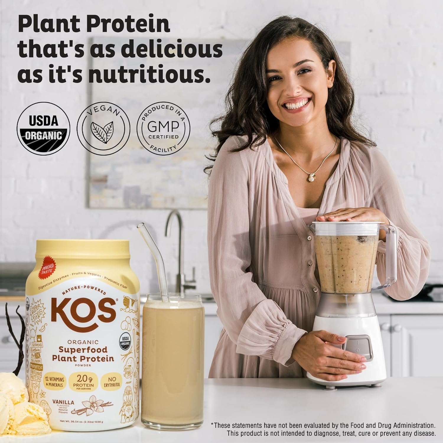 KOS Vegan Protein Powder Erythritol Free, Vanilla USDA Organic - Pea Protein Blend, Plant Based Superfood Rich in Vitamins & Minerals - Keto, Dairy Free - Meal Replacement for Women & Men, 28 Servings - Image 2