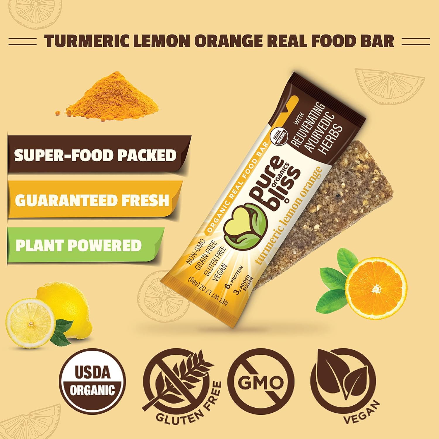 Organic Real Food Bars (Turmeric Lemon Orange) Grain Free - Paleo Friendly - Non-GMO, Gluten Free, Vegan, Nutrition Bars, Super Food Energy Bars, Ayurvedic & Adaptogen Herb Blend, Healthy Snack, Breakfast Bars, Dairy Free, Soy Free, Pure Bliss Organics (1.7 oz, 12-Pack Case) - Image 2
