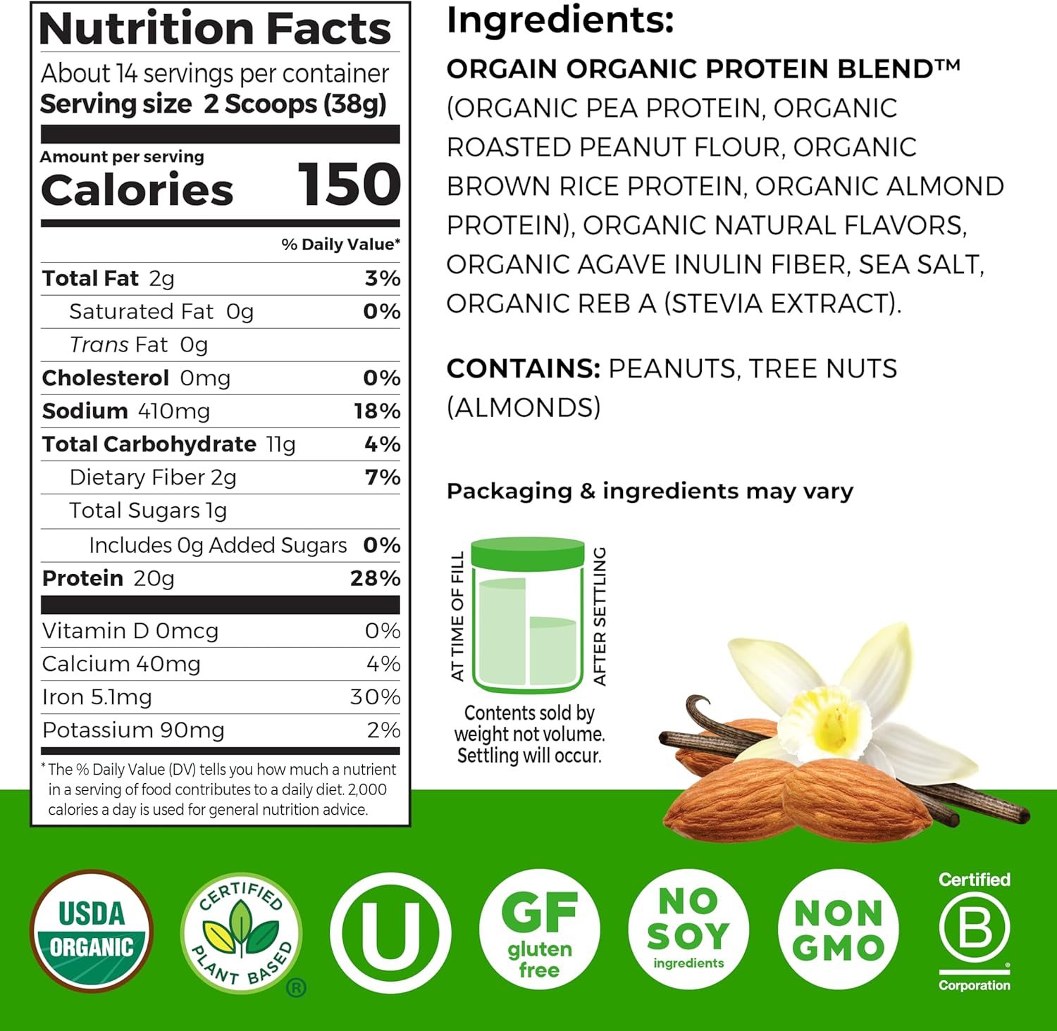 Orgain X Justin's ® Organic Vegan Nut Butter Protein Powder, Vanilla Almond Butter- 20g Plant Protein, 1g Sugar, Gluten Free, No Dairy, Soy Ingredients, or Artificial Flavors, 1.17 lb - Image 2