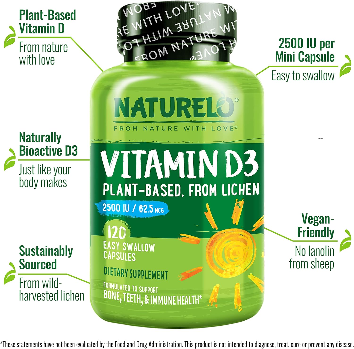 NATURELO Vitamin D - 2500 IU - Plant Based from Lichen - Natural D3 Supplement for Immune System, Bone Support, Joint Health - Vegan - Non-GMO - Gluten Free - 120 Capsules - Image 2