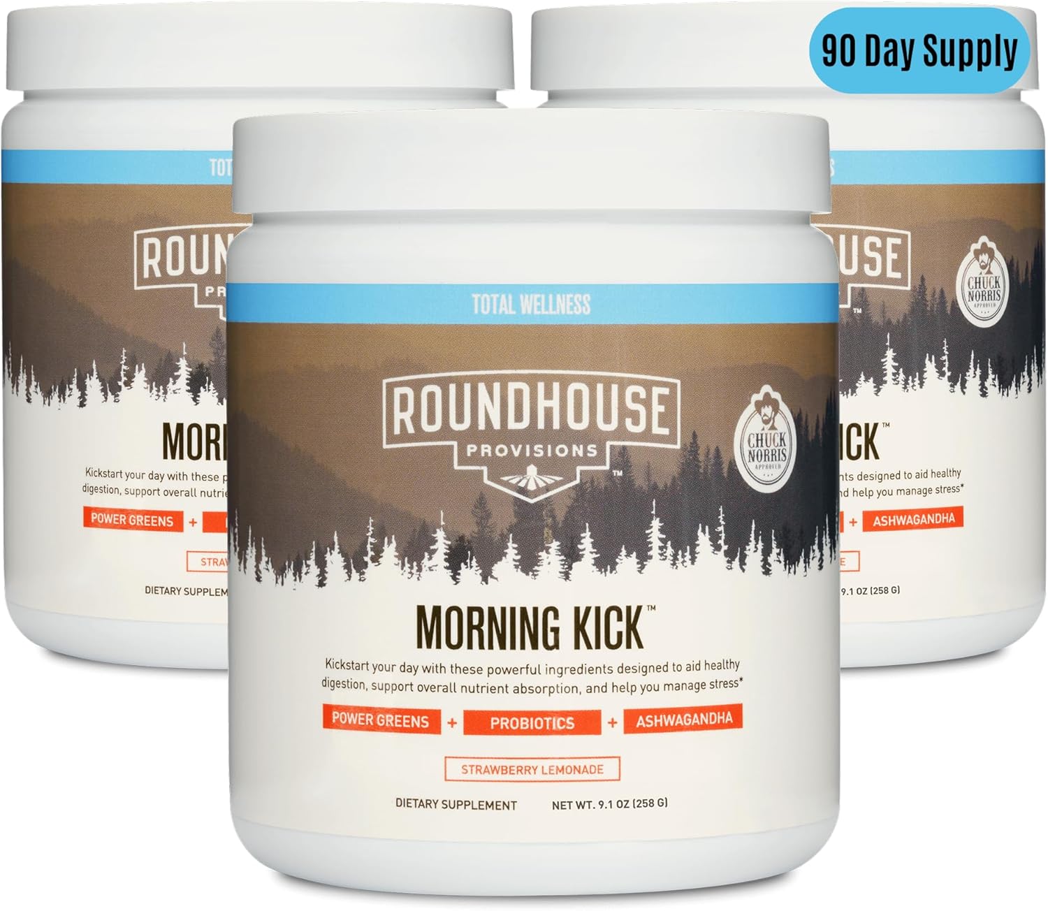 ROUNDHOUSE PROVISION Morning Kick, Greens Superfood Powder Supplement with Ashwagandha, Collagen & Probiotics - Sugar Free, Caffeine Free (3 Pack, Strawberry Lemonade Flavor) by Chuck Norris