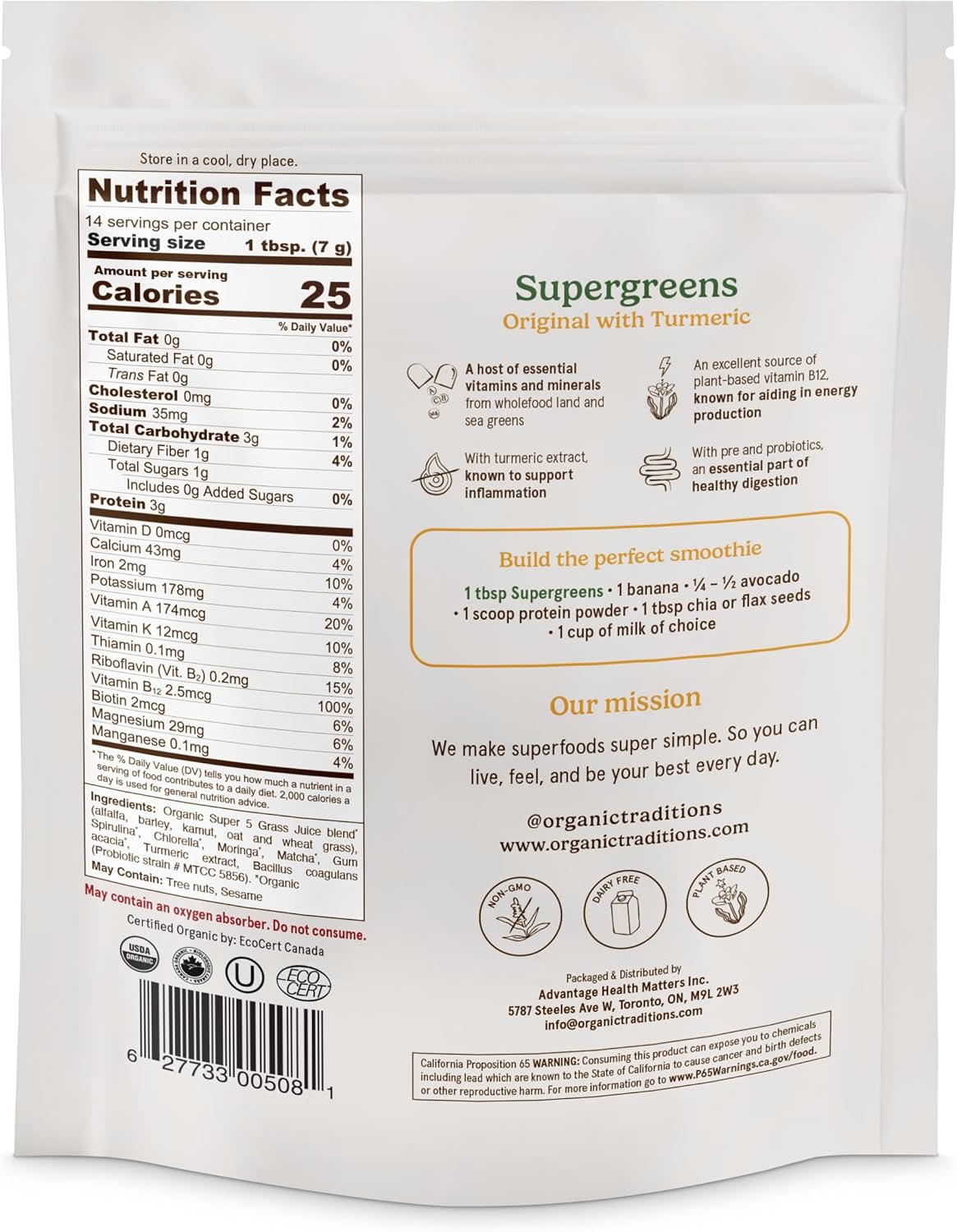 Organic Traditions Super Greens Powder with Turmeric, Organic Greens Superfood Blend with Vitamins Minerals and Probiotics, Plant Based Green Juice Mix for Smoothies and Drinks, 100g / 3.5oz Bag - Image 6