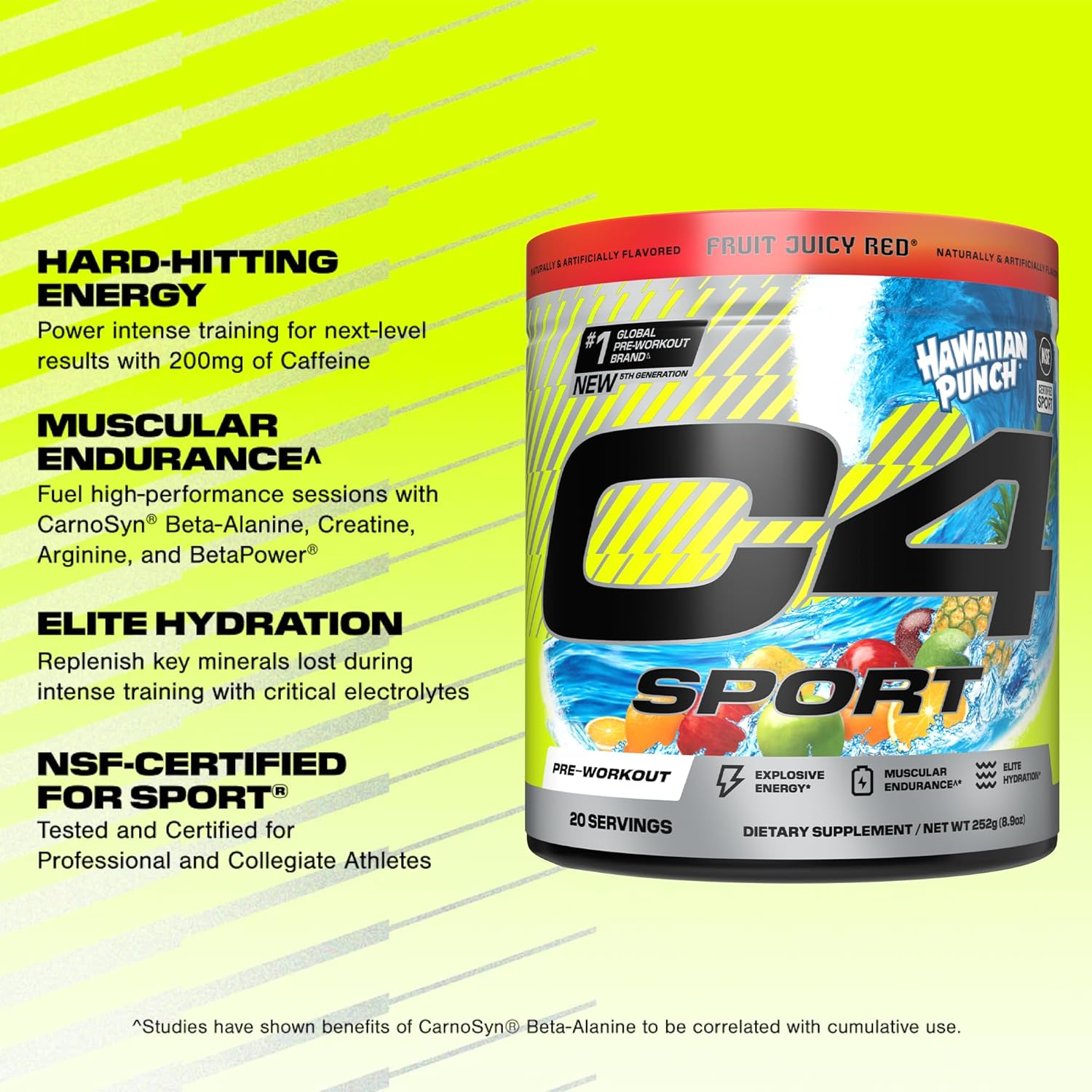 Cellucor C4 Sport Pre Workout Powder - NSF Certified for Sport - Elite Hydration - 200mg Caffeine + Creatine + Beta-Alanine - Electrolytes and Energy Supplement - Hawaiian Punch, 20 Servings - Image 2