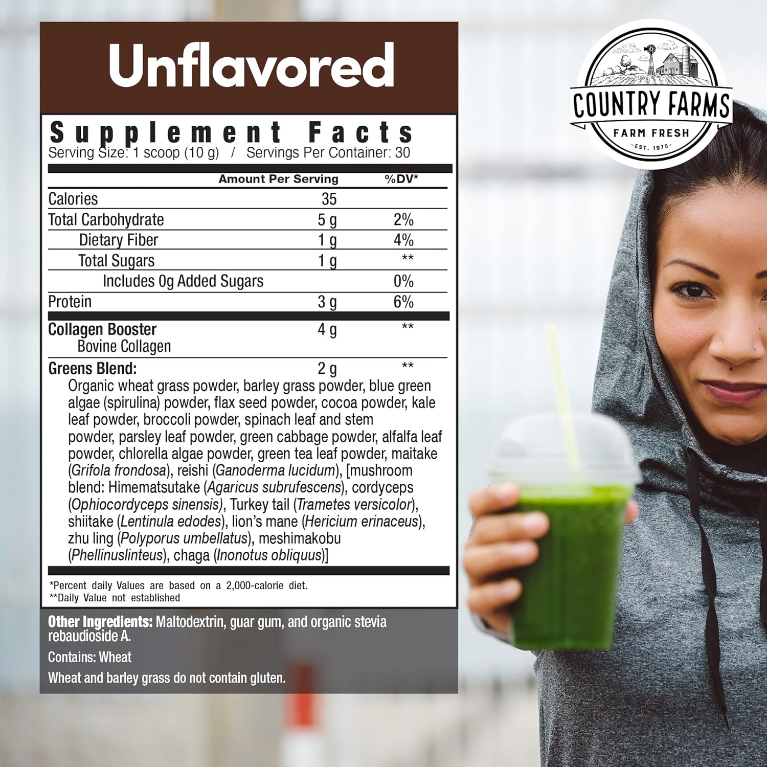 Country Farms Collagen Peptides Powder with Greens Dietary Powder Supplement (Type I, III) for Skin Hair Nail and Joints, Dairy/Gluten/Sugar Free, Energizing Superfoods, Natural, 10.6 Oz 30 Servings - Image 2