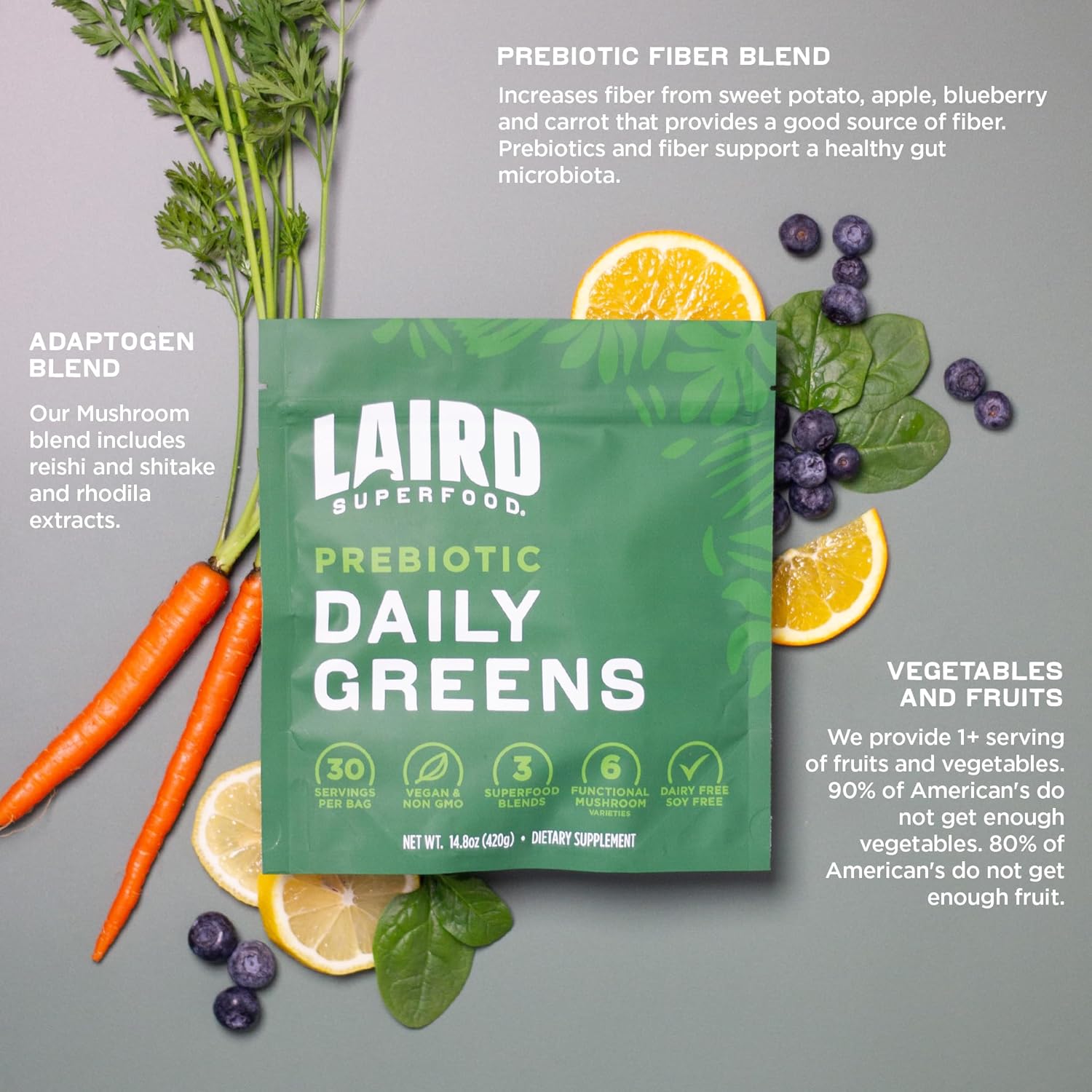 Laird Superfood Prebiotic Daily Greens Powder – Essential Vitamins & Minerals - Prebiotic Fiber, Adaptogen and Fruits & Vegetables – Supports Gut Health – Non-GMO, Vegan - 14.8 oz Bag, Pack of 1 - Image 4