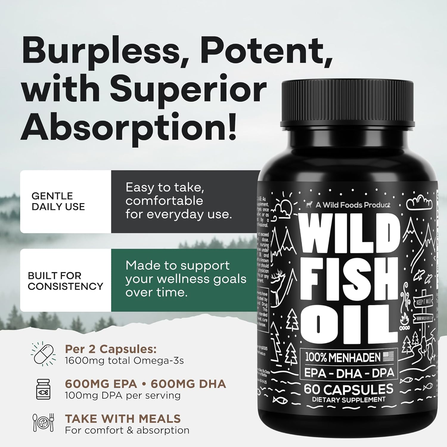 Wild Foods Fish Oil Omega 3 Supplements | 1600 mg | Highly-Potent: DPA, DHA, EPA | Burpless, Odorless, Non-GMO, Gluten Free | For Brain & Heart Health, Joint Support | 60 Capsules (1 pk) | 30 Servings - Image 4