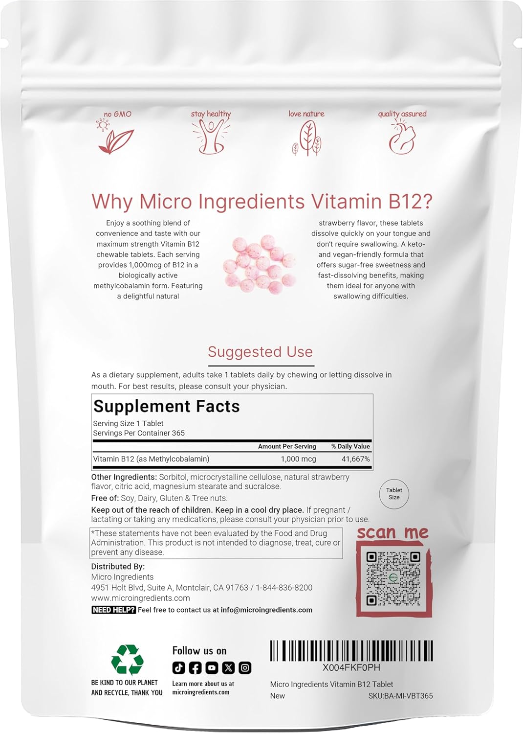 Micro Ingredients Vitamin B12 1,000 mcg | Methylcobalamin – 365 Chewable Tablets | Fast Dissolve, Natural Strawberry Flavor | Supports Energy & Metabolism Health | Vegan, Non-GMO, Gluten Free - Image 2